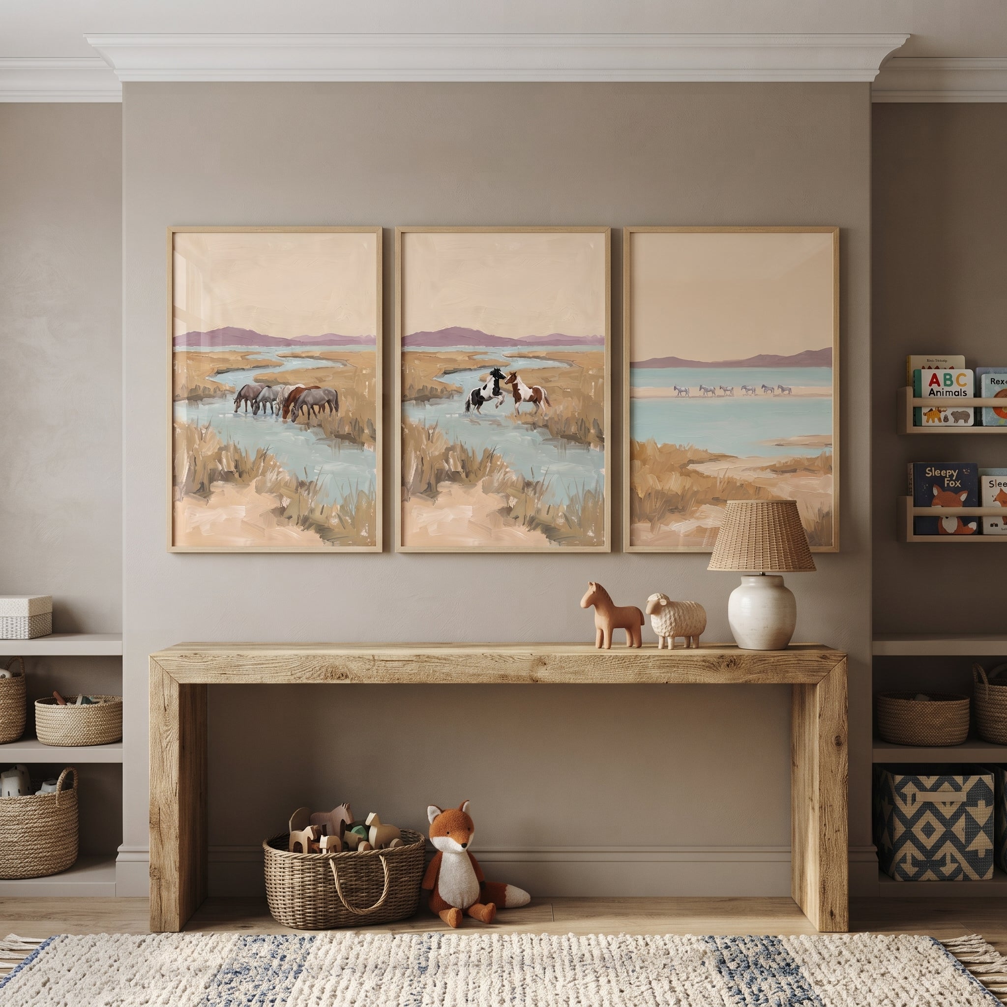 Muted Sage Wetland Horses Wall Art Set of 3 - Serene Coastal Herd