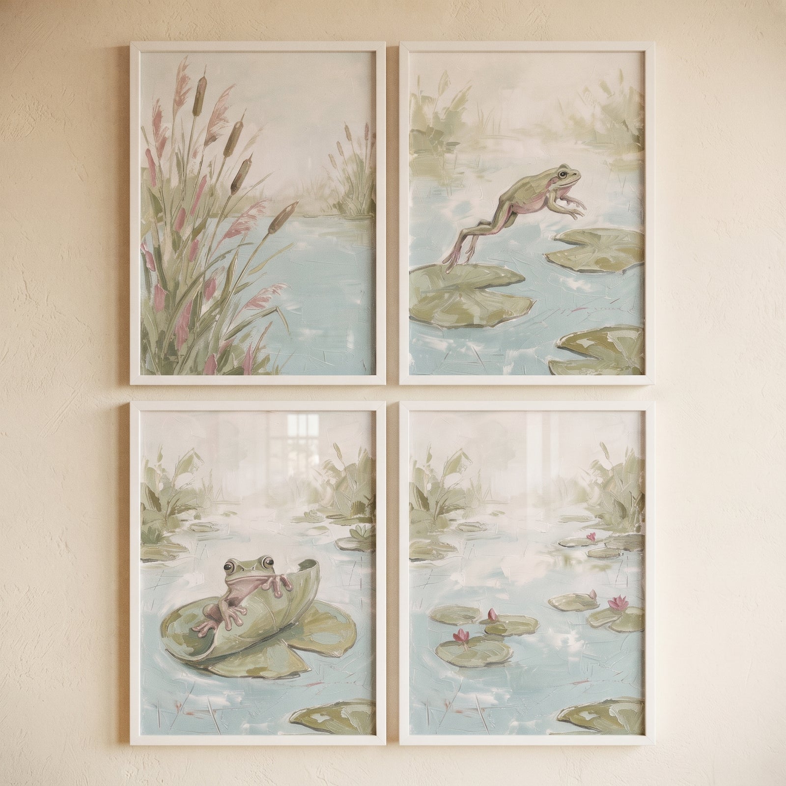Muted sage wetland pond wall art set of 4 features frogs on lily pads and cattails in soft watercolor-style tones.