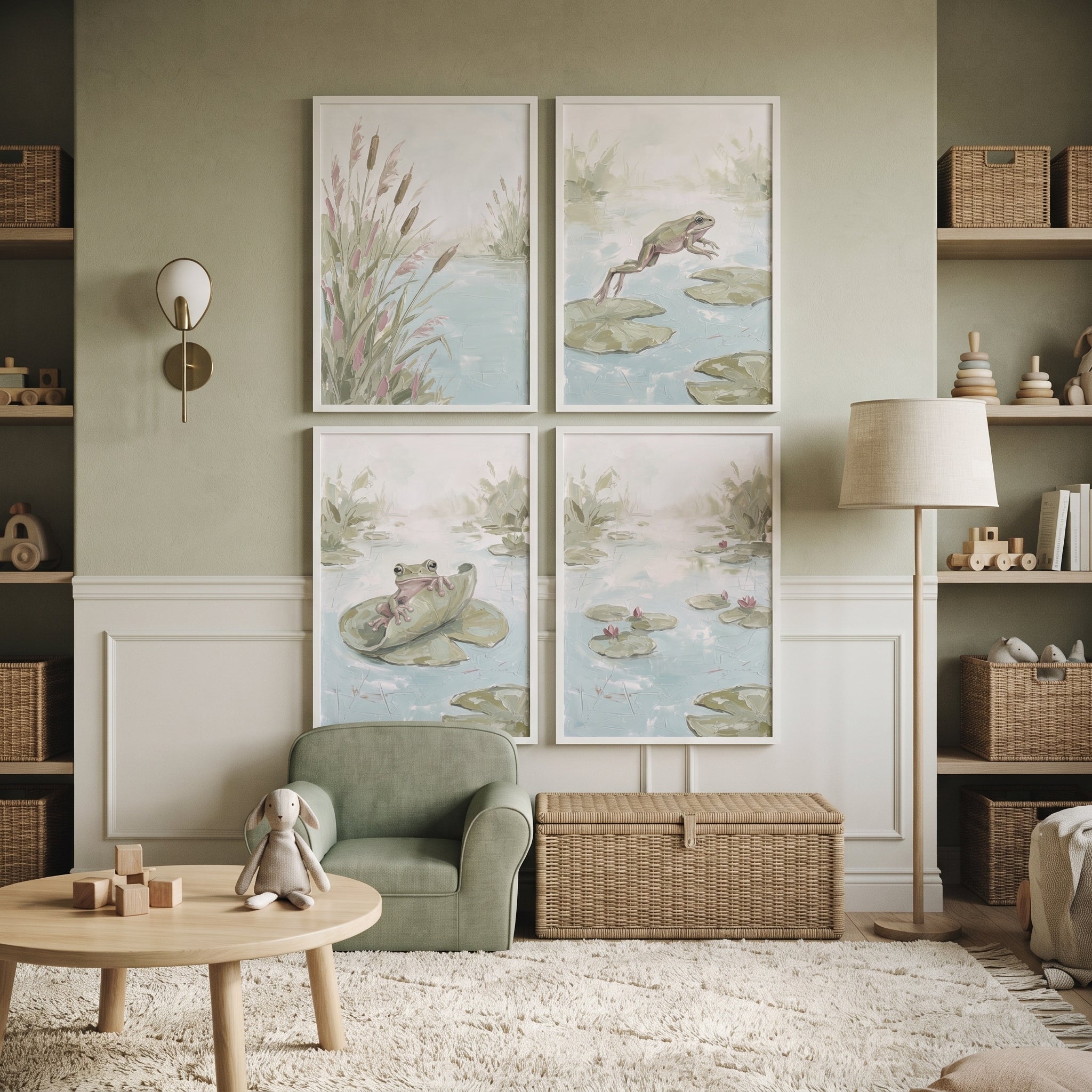 Muted Sage Wetland Pond Wall Art Set Of 4 - Marshland Frog Scenes
