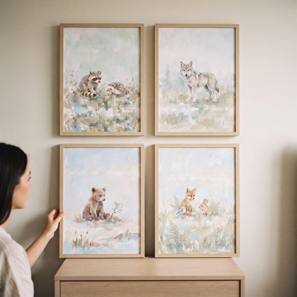 Muted Sage Woodland Animals Wall Art Set of 4 - Woodland Animal Friends