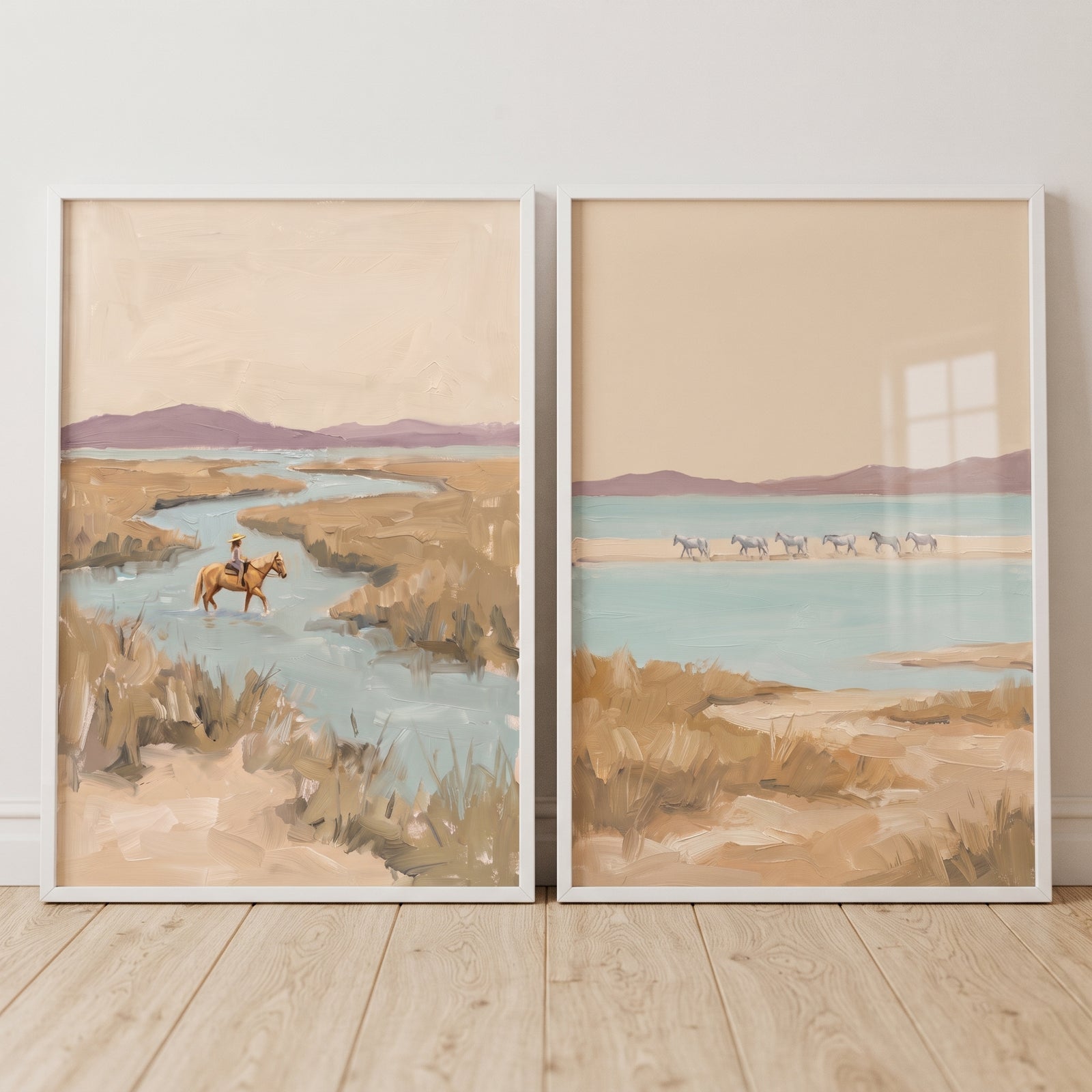 Muted sand landscape horses wall art set of 2 featuring a rider in a marshy stream and a herd standing in blue water.