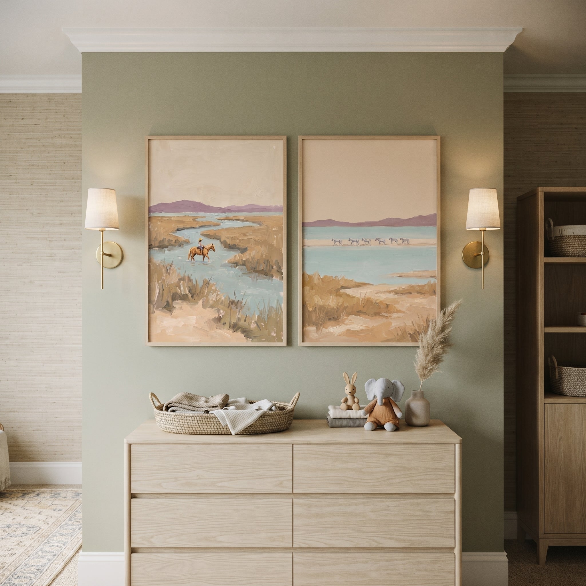 Muted Sand Landscape Horses Wall Art Set of 2 - Coastal Horse Trek