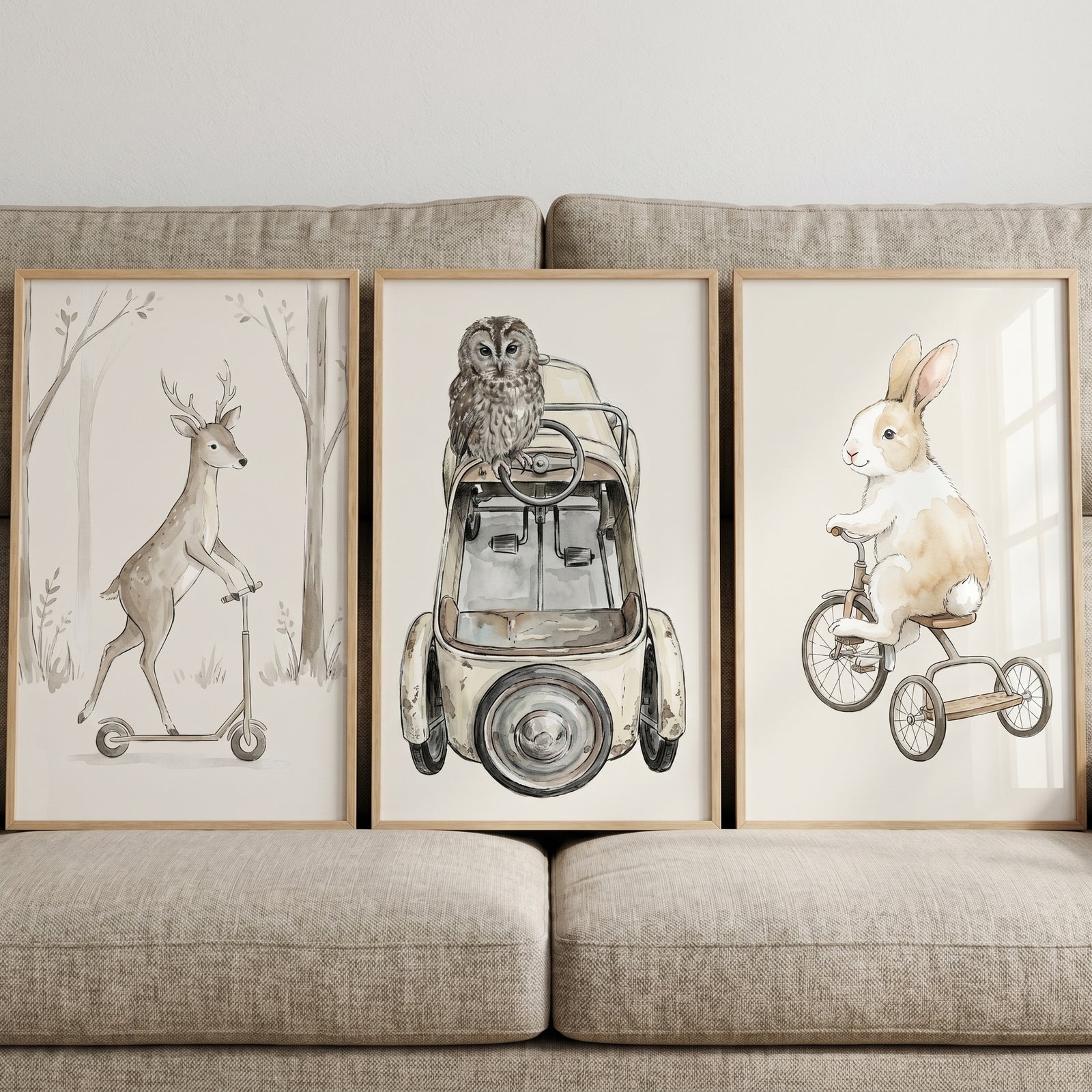 Muted sepia transport animals wall art set of 3 features a deer on a scooter, an owl in a car, and a rabbit on a tricycle.