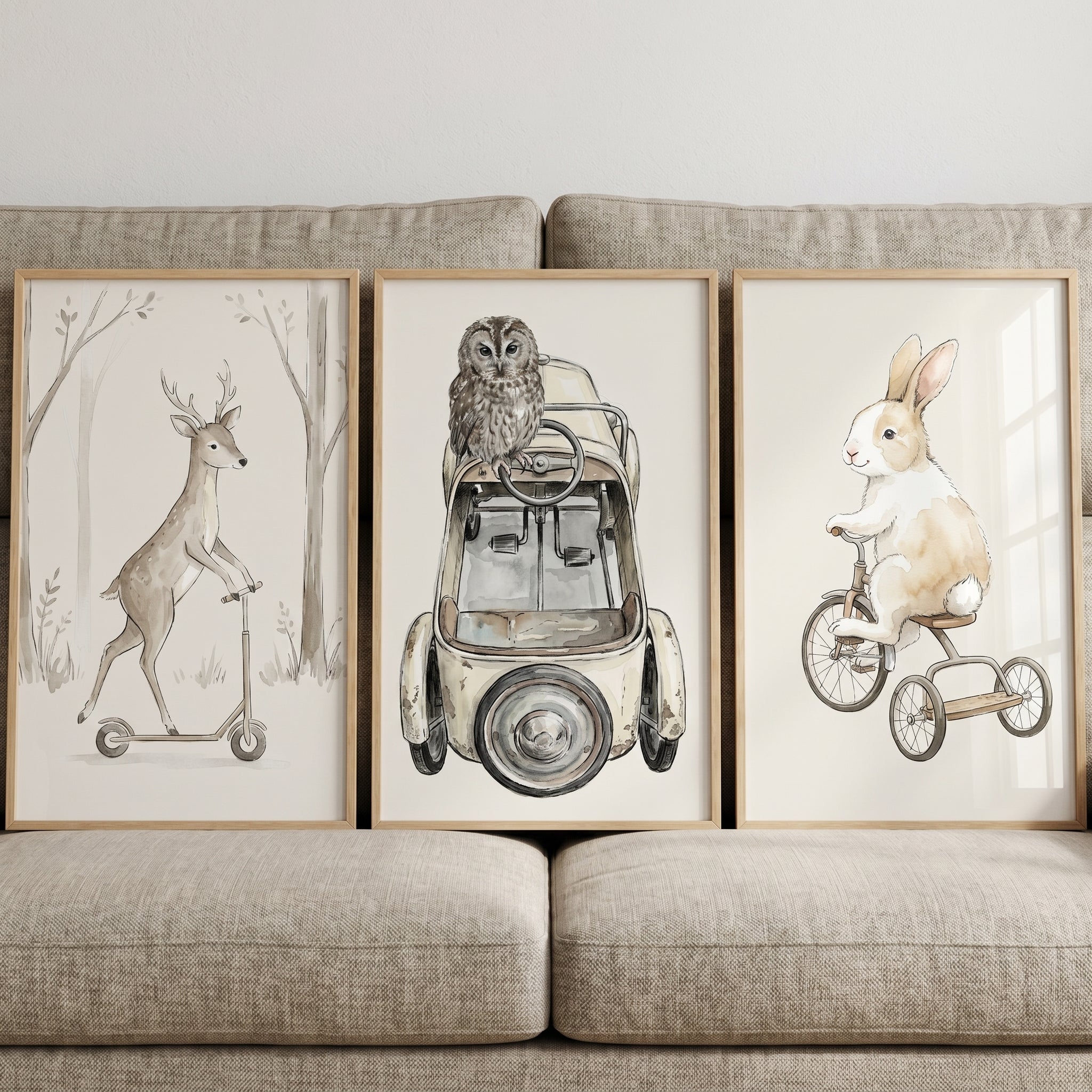 Muted Sepia Transport Animals Wall Art Set of 3 - Woodland Animal Travels