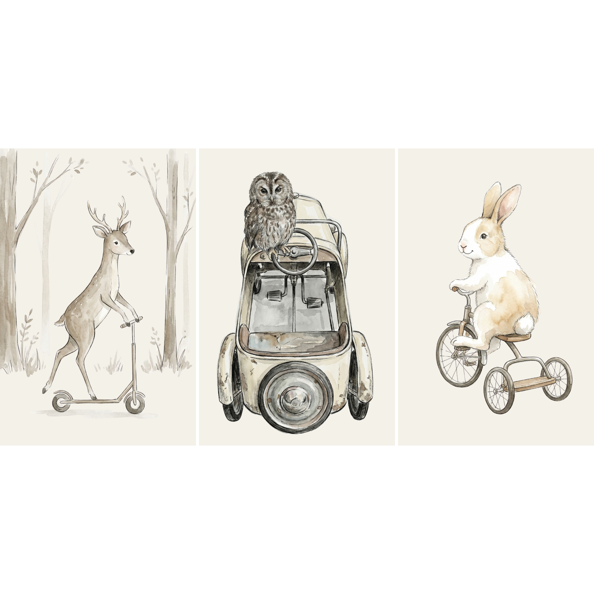Muted Sepia Transport Animals Wall Art Set of 3 - Woodland Animal Travels