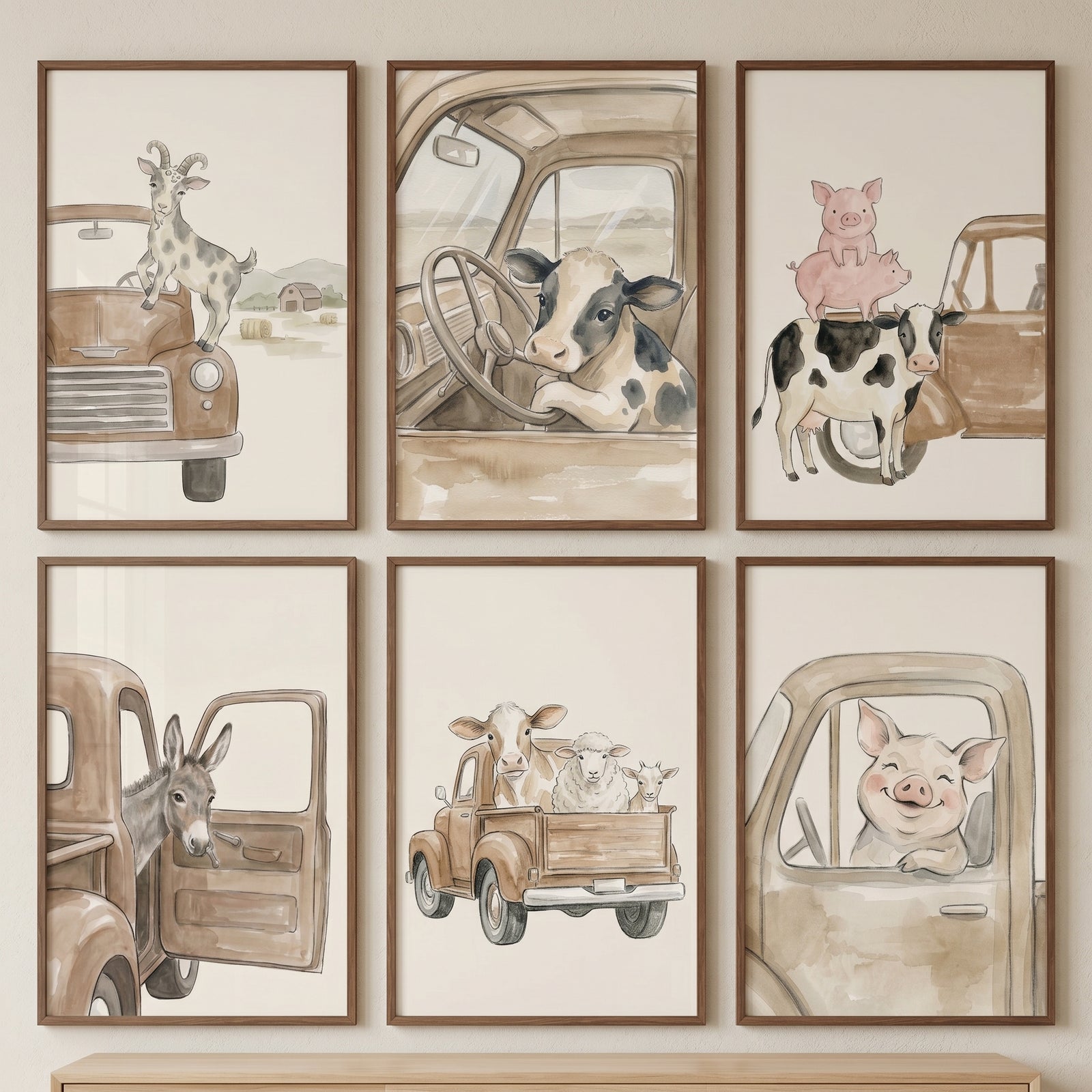 Muted sepia vintage animals wall art set of 6 with cows, pigs, sheep, goats, and donkeys in rustic farm trucks.