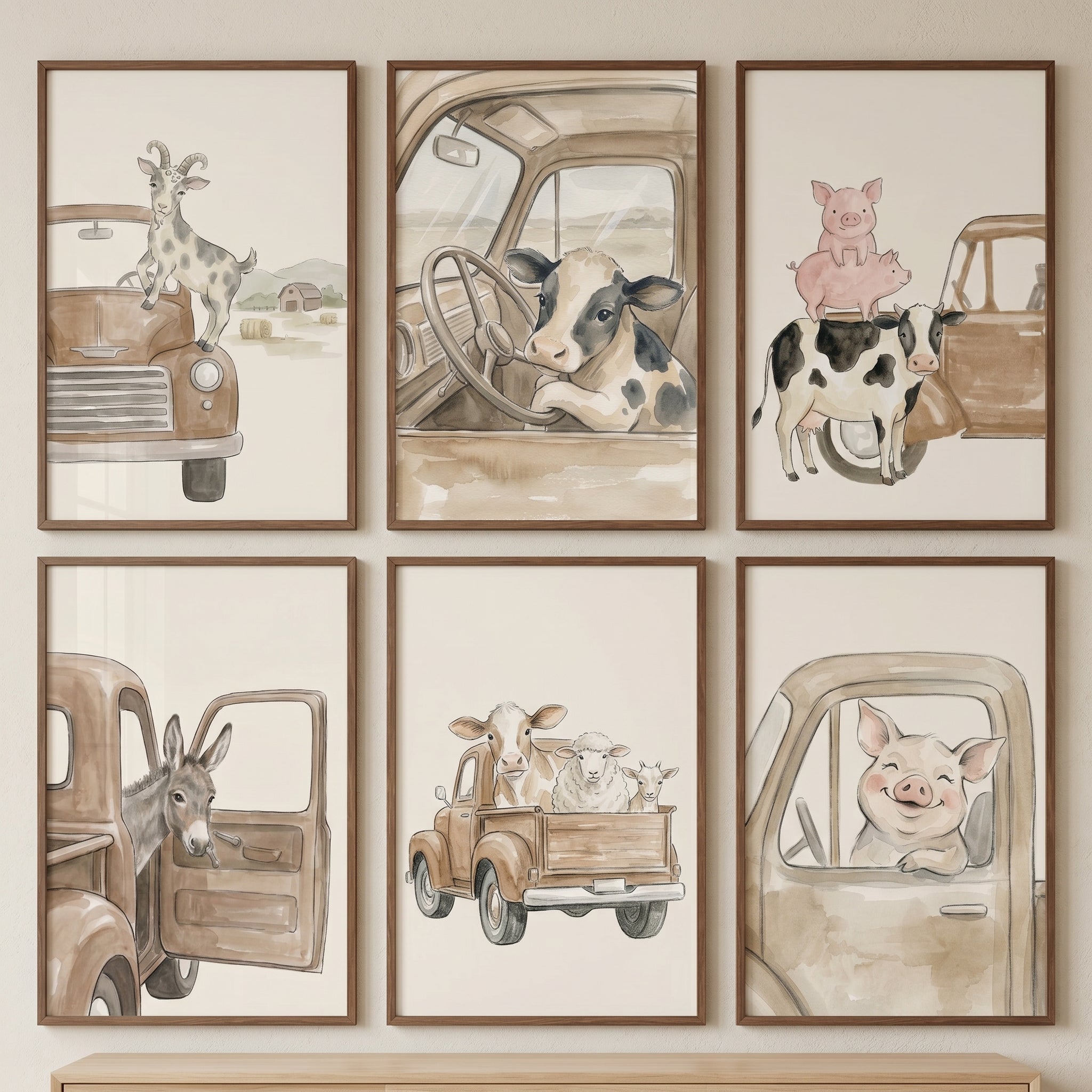Muted Sepia Vintage Animals Wall Art Set of 6 - Rustic Farm Travels