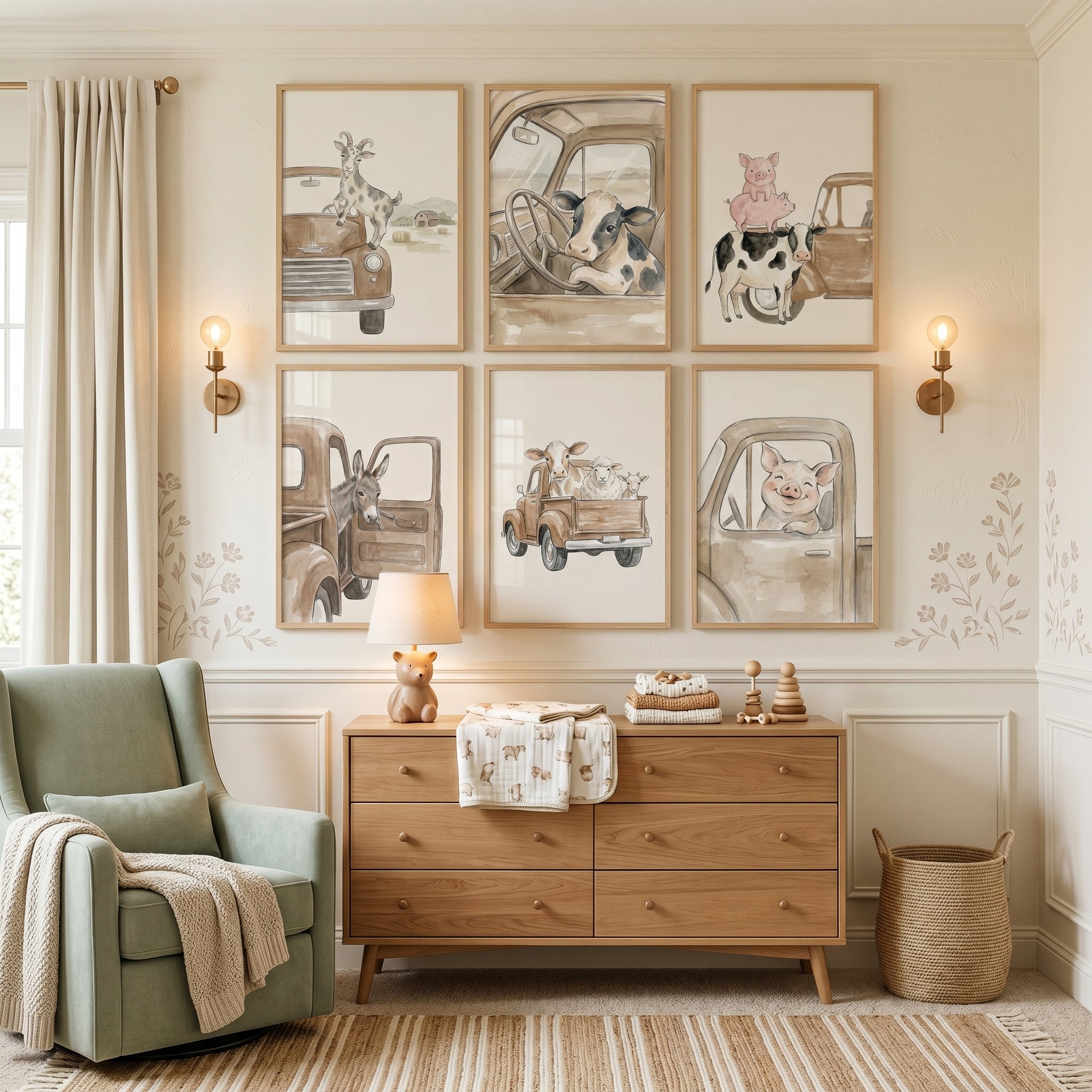 Muted Sepia Vintage Animals Wall Art Set of 6 - Rustic Farm Travels