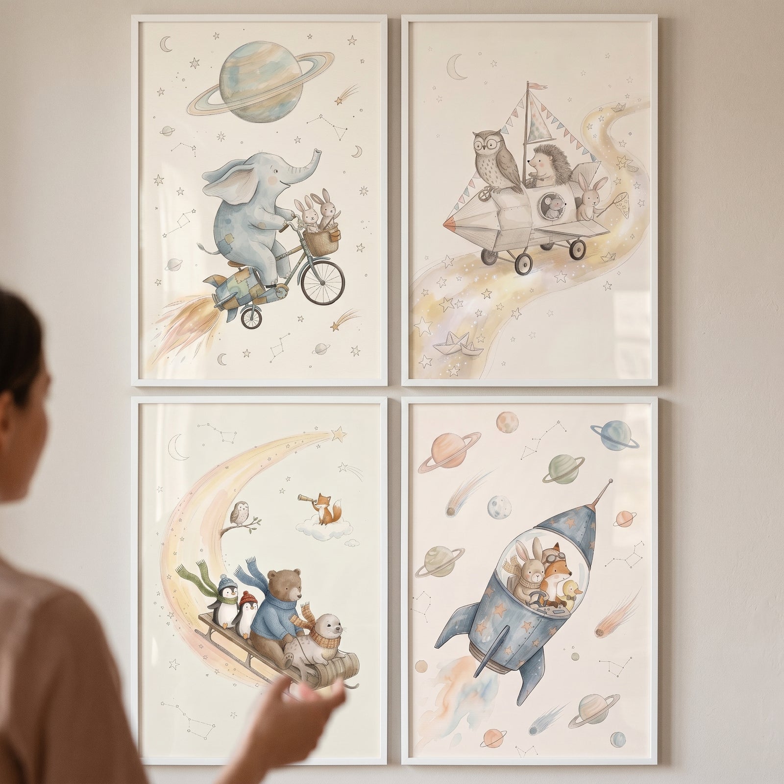 Muted sophisticated watercolor animals print set of 4 featuring whimsical creatures in space with stars and planets.