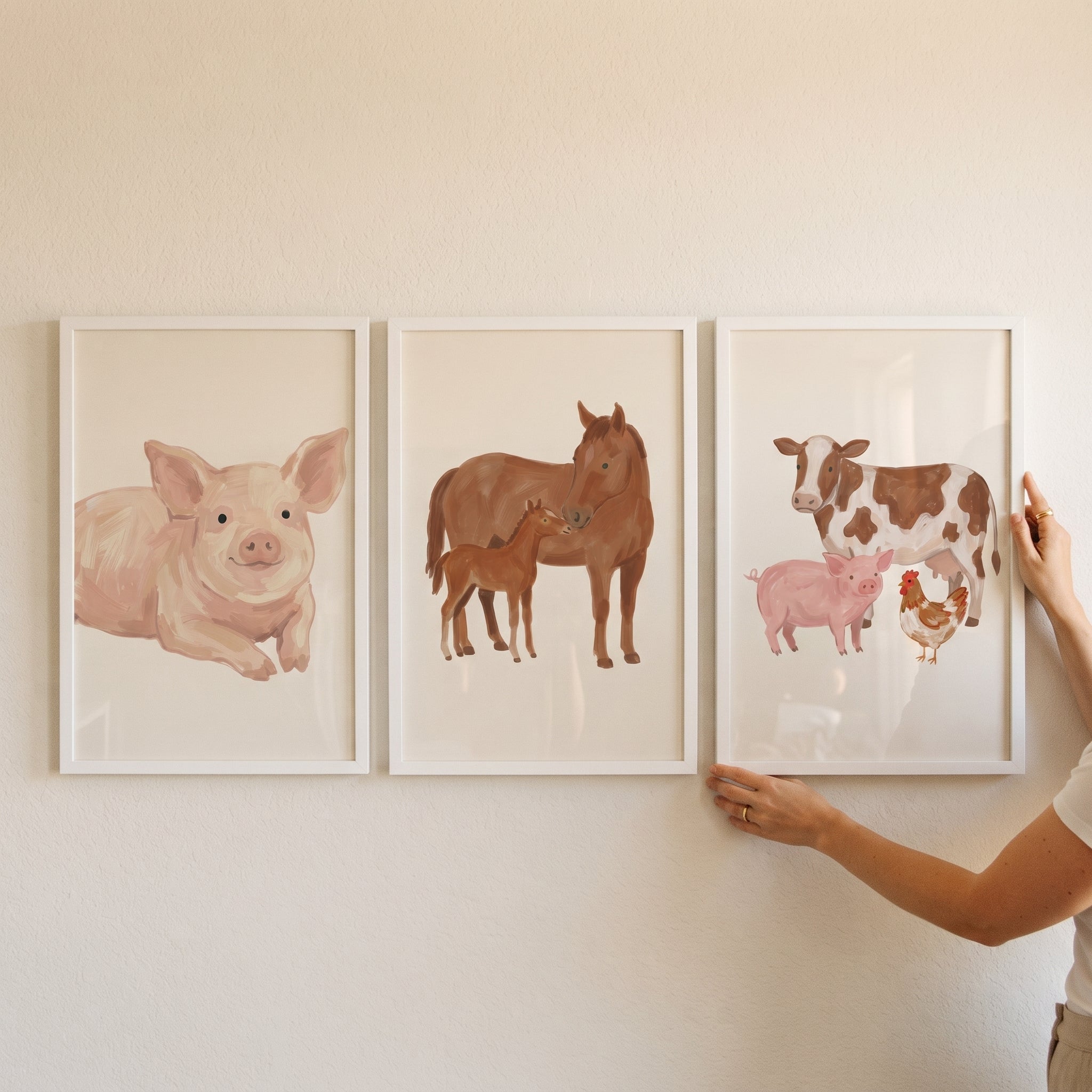 Muted Tan Farm Animals Wall Art Set of 3 - Barnyard Animal Pals
