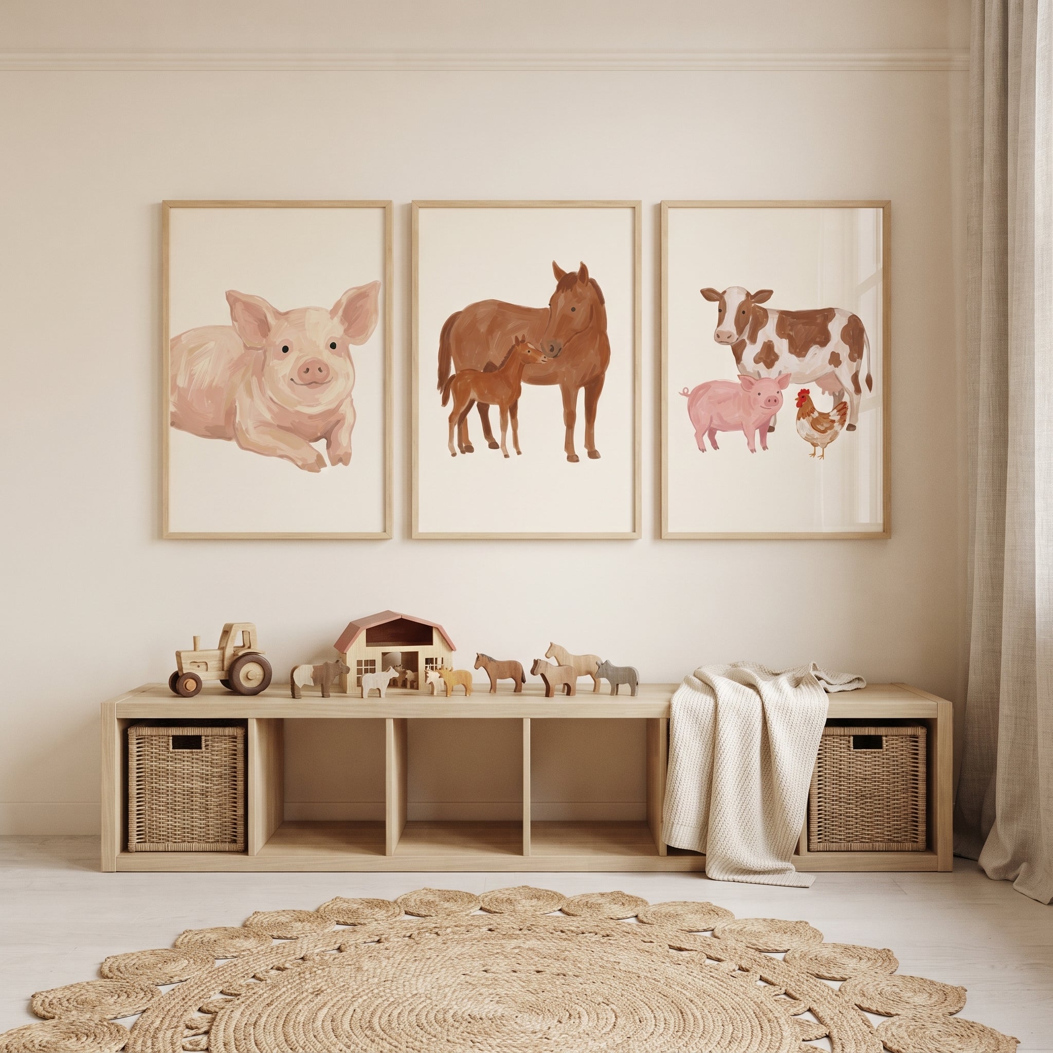 Muted Tan Farm Animals Wall Art Set of 3 - Barnyard Animal Pals