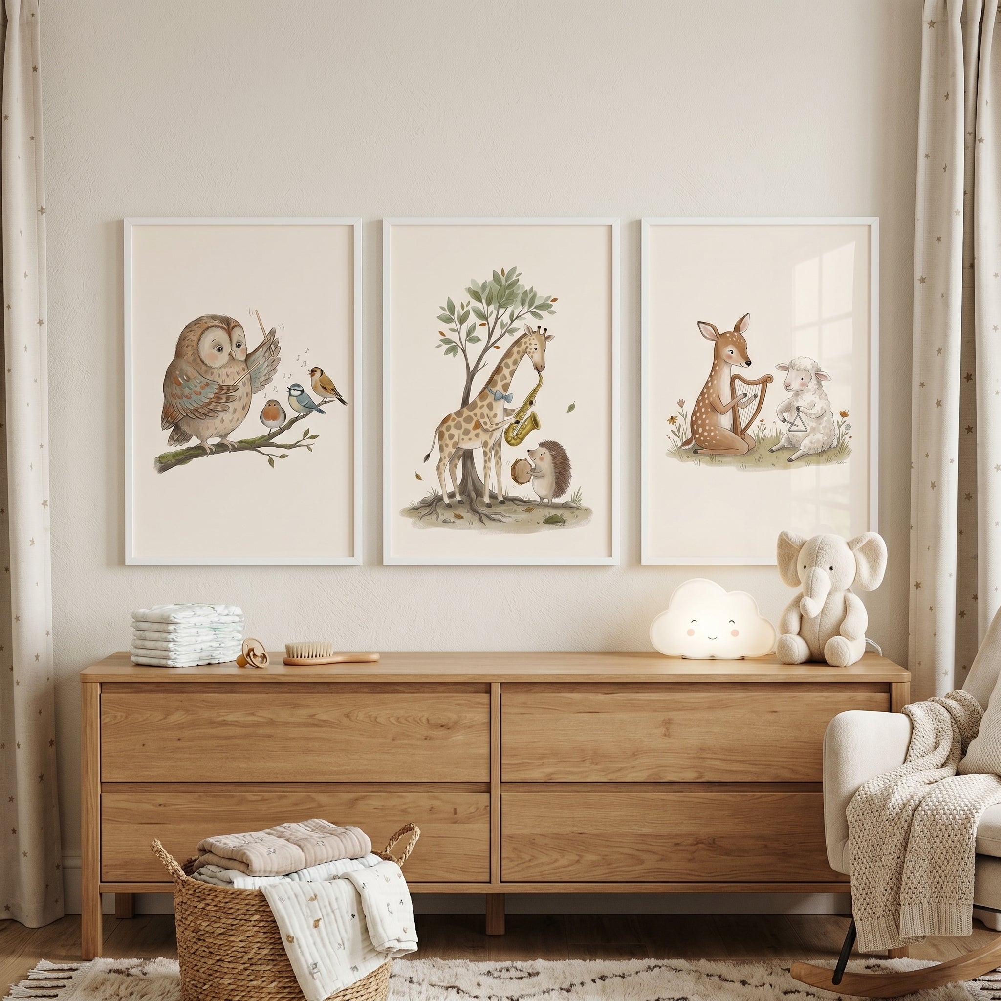 Muted Taupe Musical Animal Wall Art Set Of 3 - Musical Woodland Friends