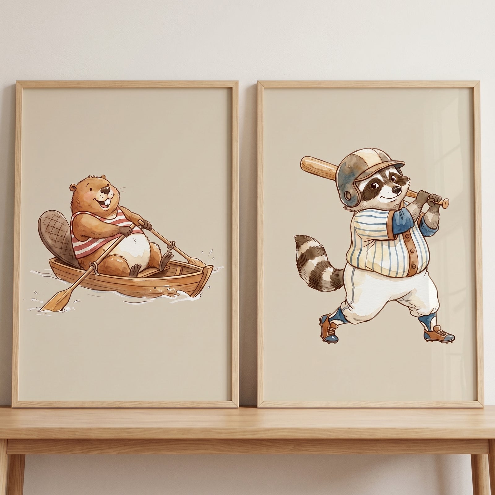 Muted tone athletic animals print set of 2 featuring a rowing beaver and a raccoon baseball player.