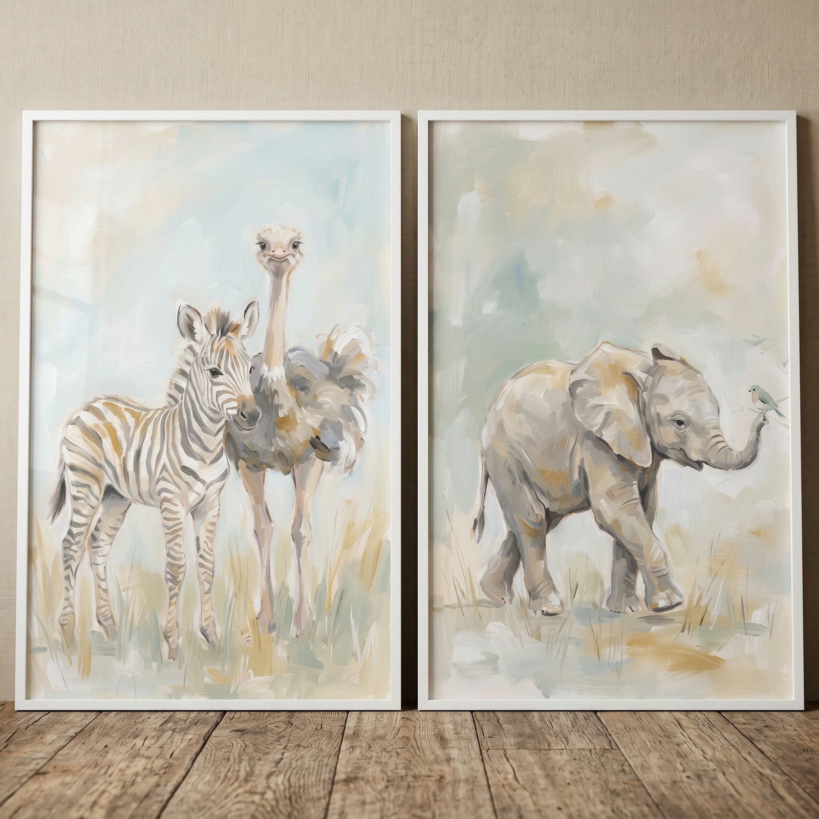 Muted tone baby animals wall art set of 2 featuring a baby zebra, ostrich, and elephant in soft blue and tan hues.