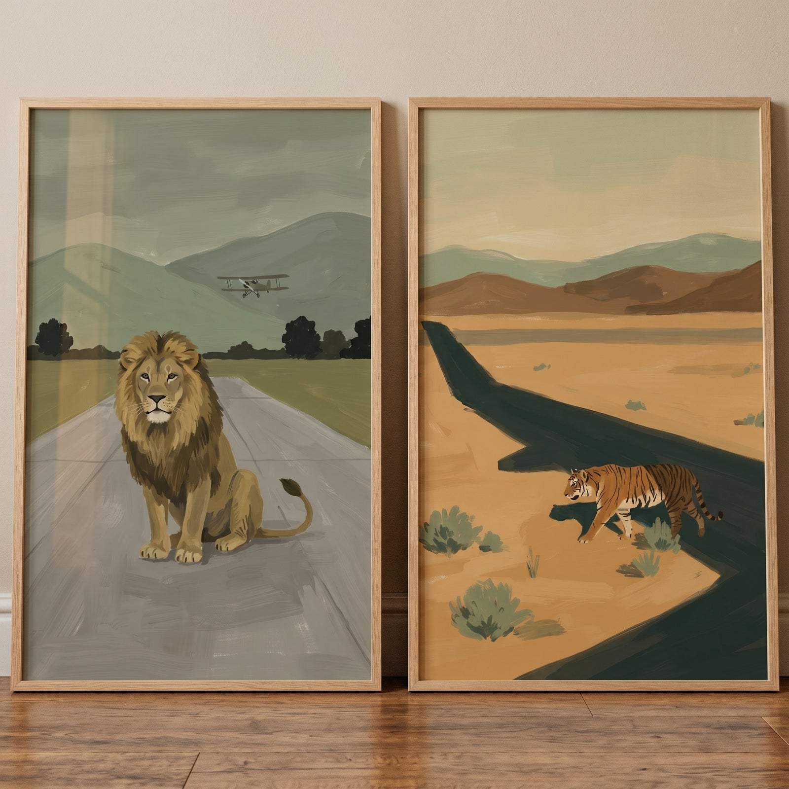Muted tone big cat wall art set of 2 featuring a lion on an airstrip and a tiger walking in a desert landscape.
