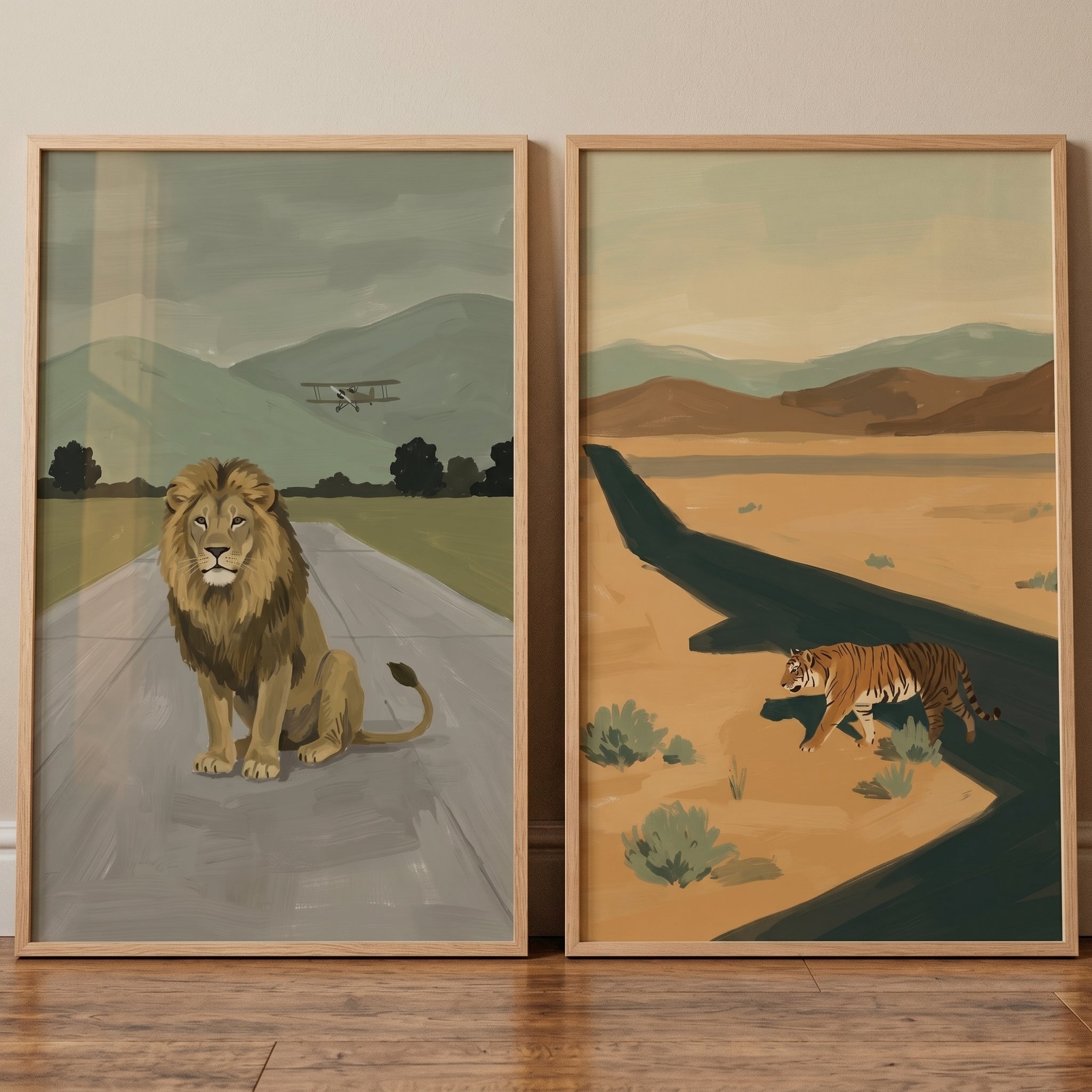 Muted Tone Big Cat Wall Art Set of 2 - Wild Road Crossing