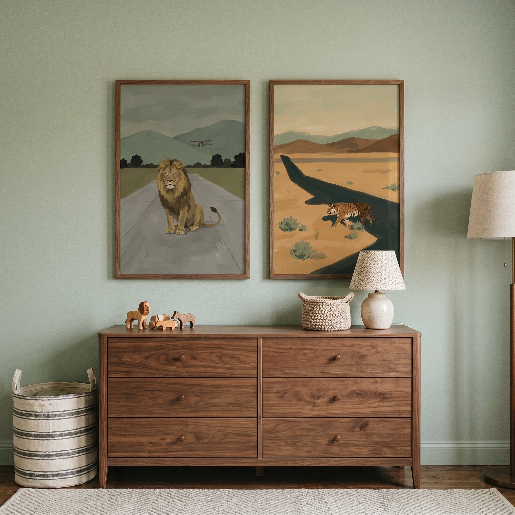 Muted Tone Big Cat Wall Art Set of 2 - Wild Road Crossing