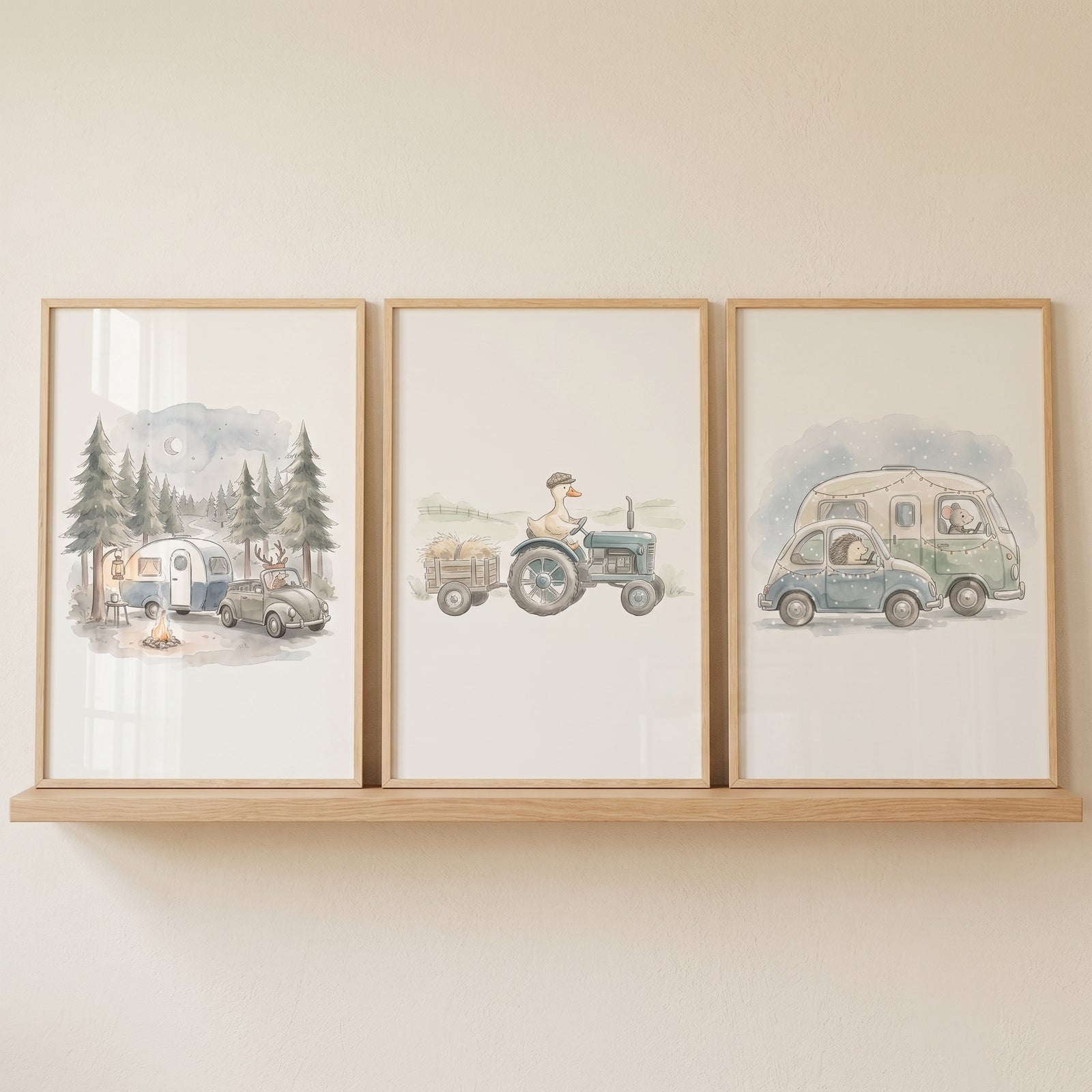 Muted tone driving animals wall art set of 3 features a deer, duck, and bear operating vintage vehicles in three frames.