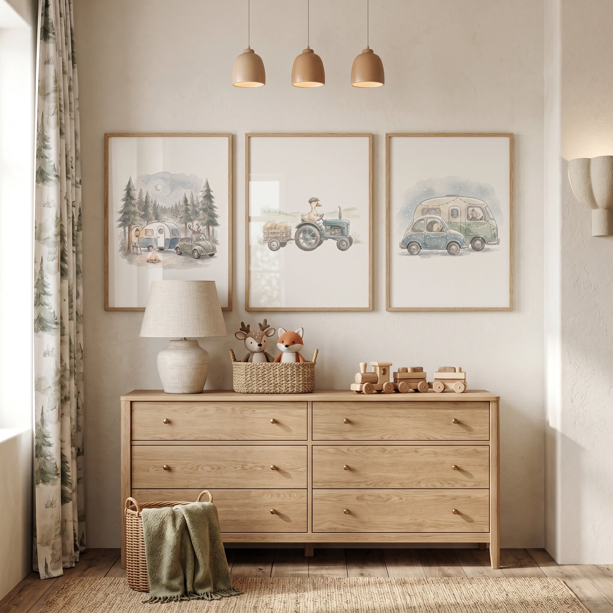 Muted Tone Driving Animals Wall Art Set of 3 - Whimsical Animal Travels
