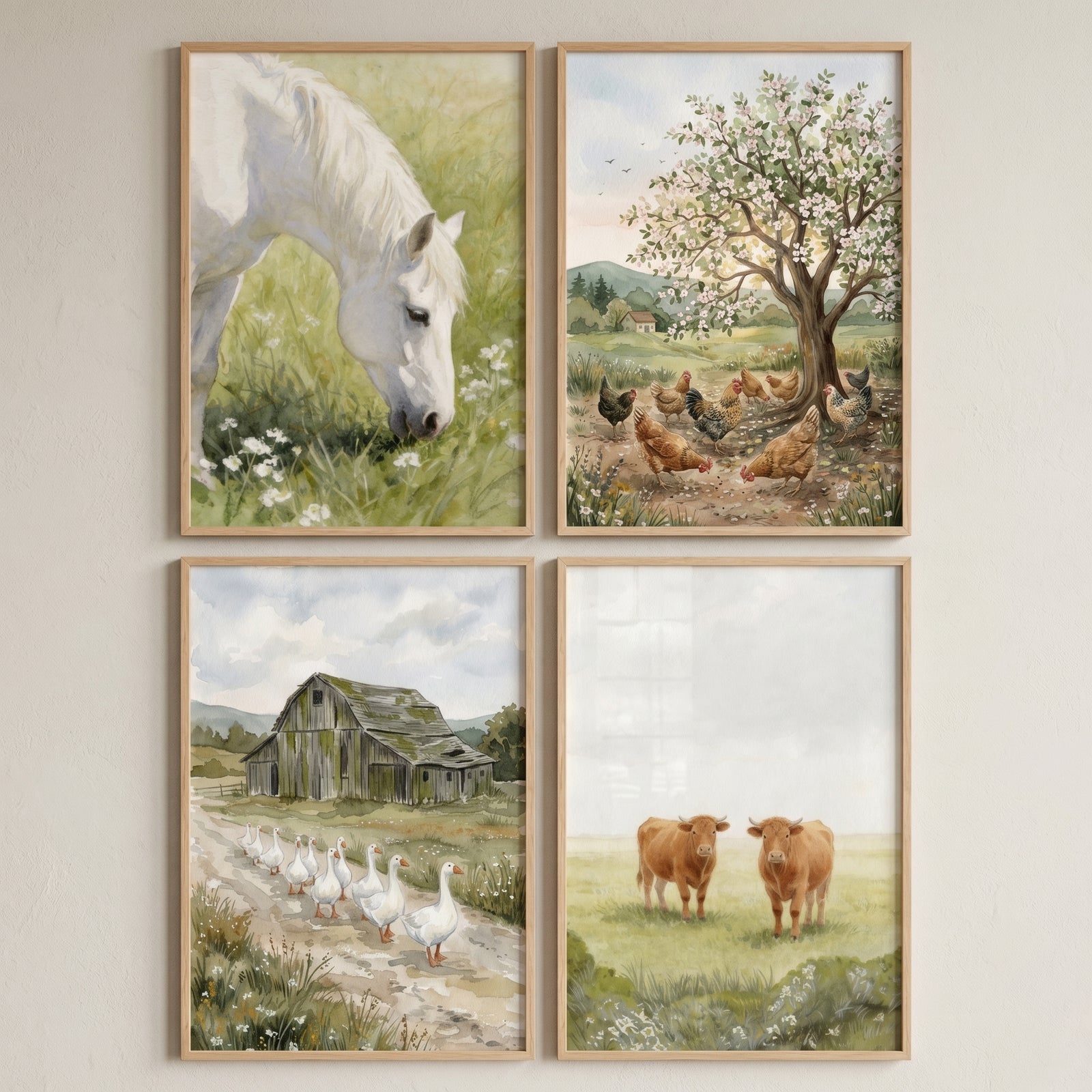 Muted tone farm animal wall art set of 4 featuring a white horse, chickens, a barn with geese, and two brown cows.