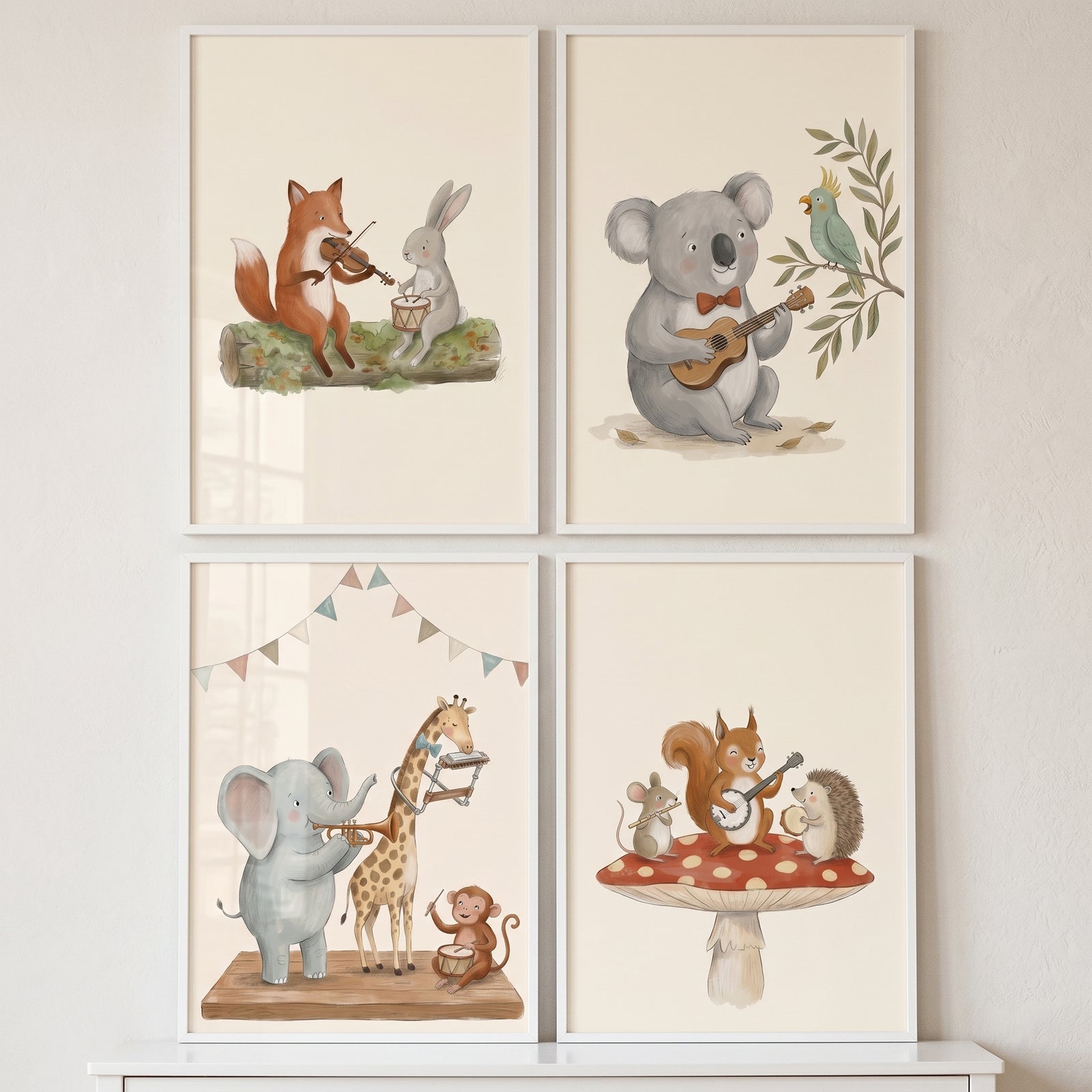 Muted tone musical animal wall art set of 4 featuring whimsically illustrated creatures playing various instruments.