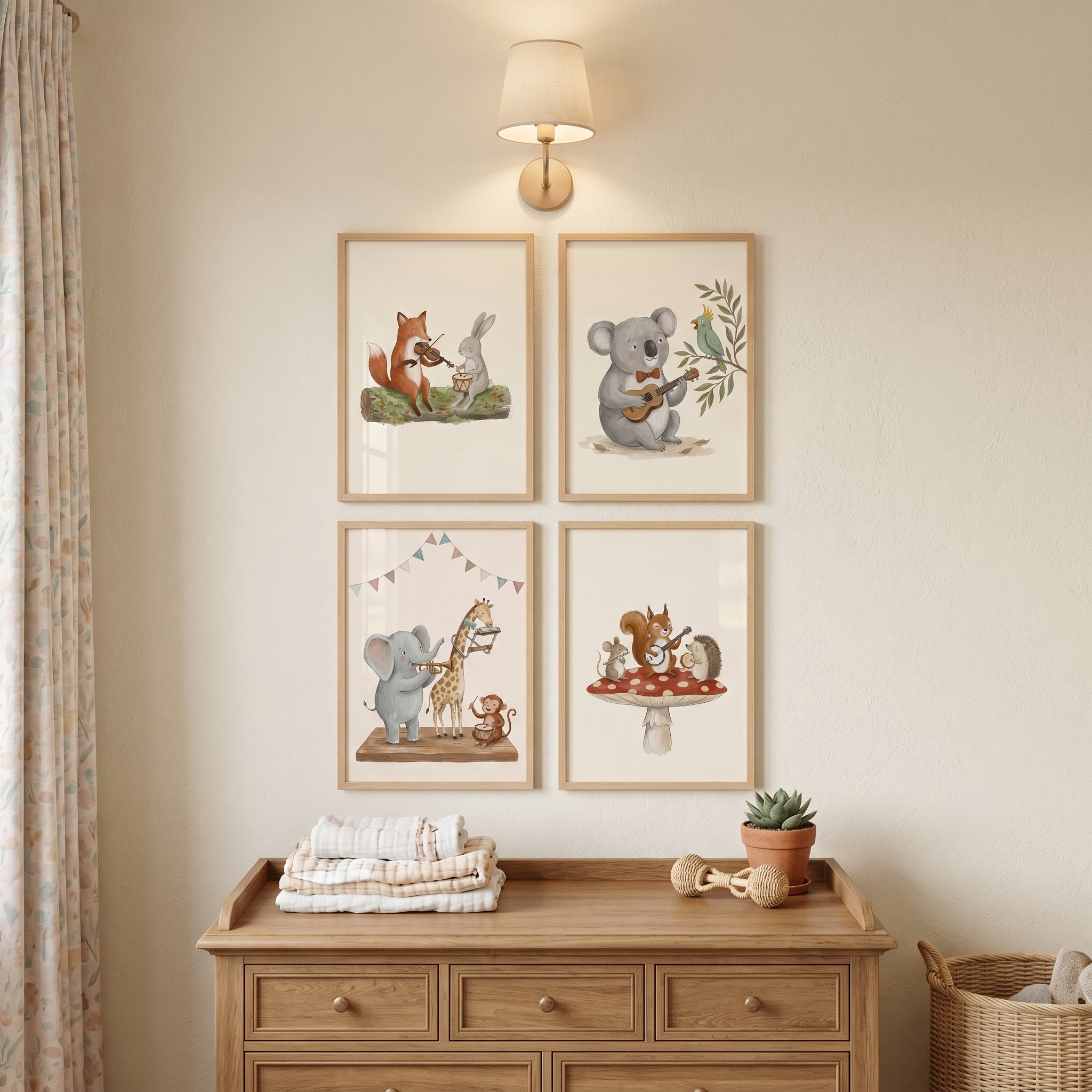 Muted Tone Musical Animal Wall Art Set Of 4 - Woodland Harmony Art