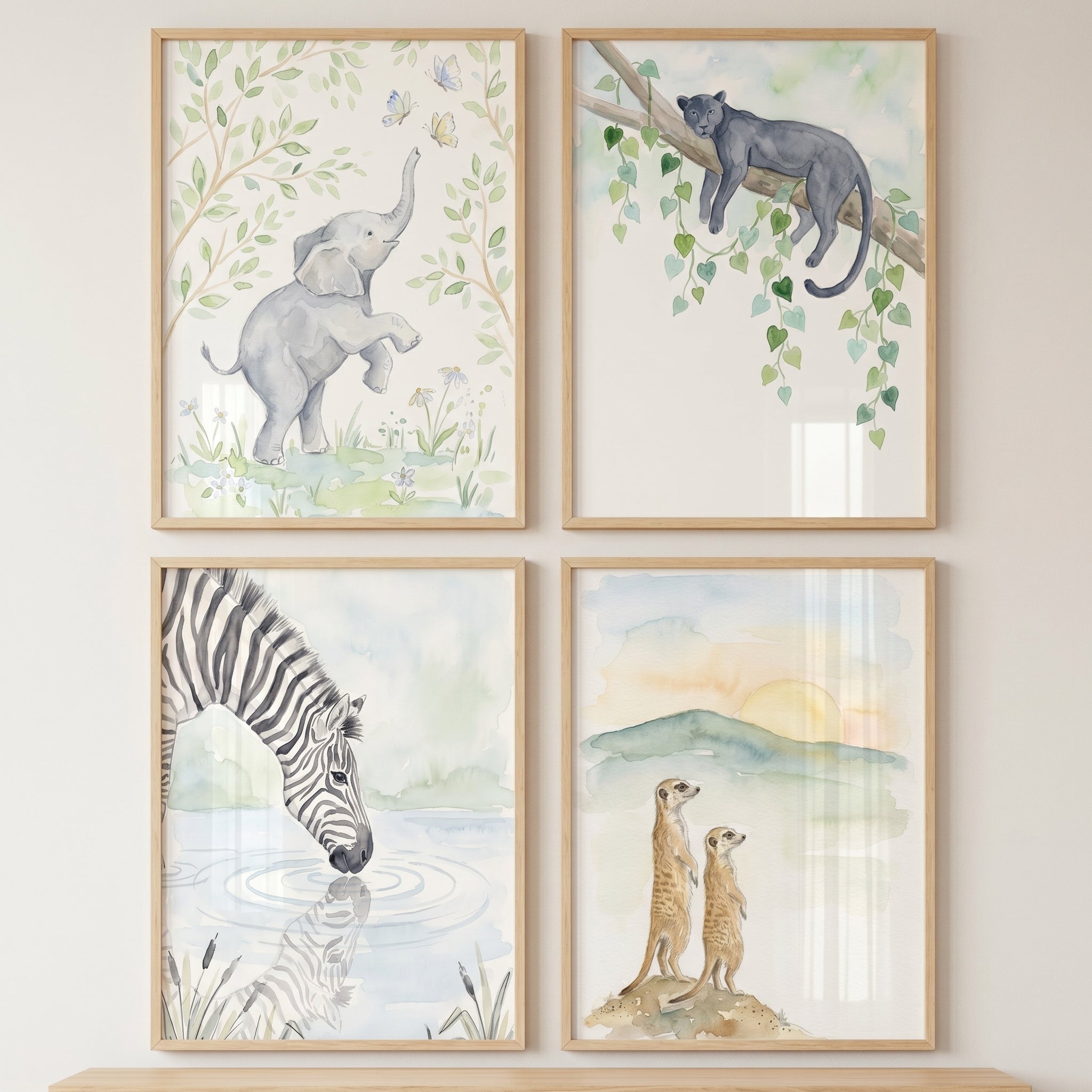 Muted Tone Safari Animal Artwork Set of 4 - Gentle Jungle Animals