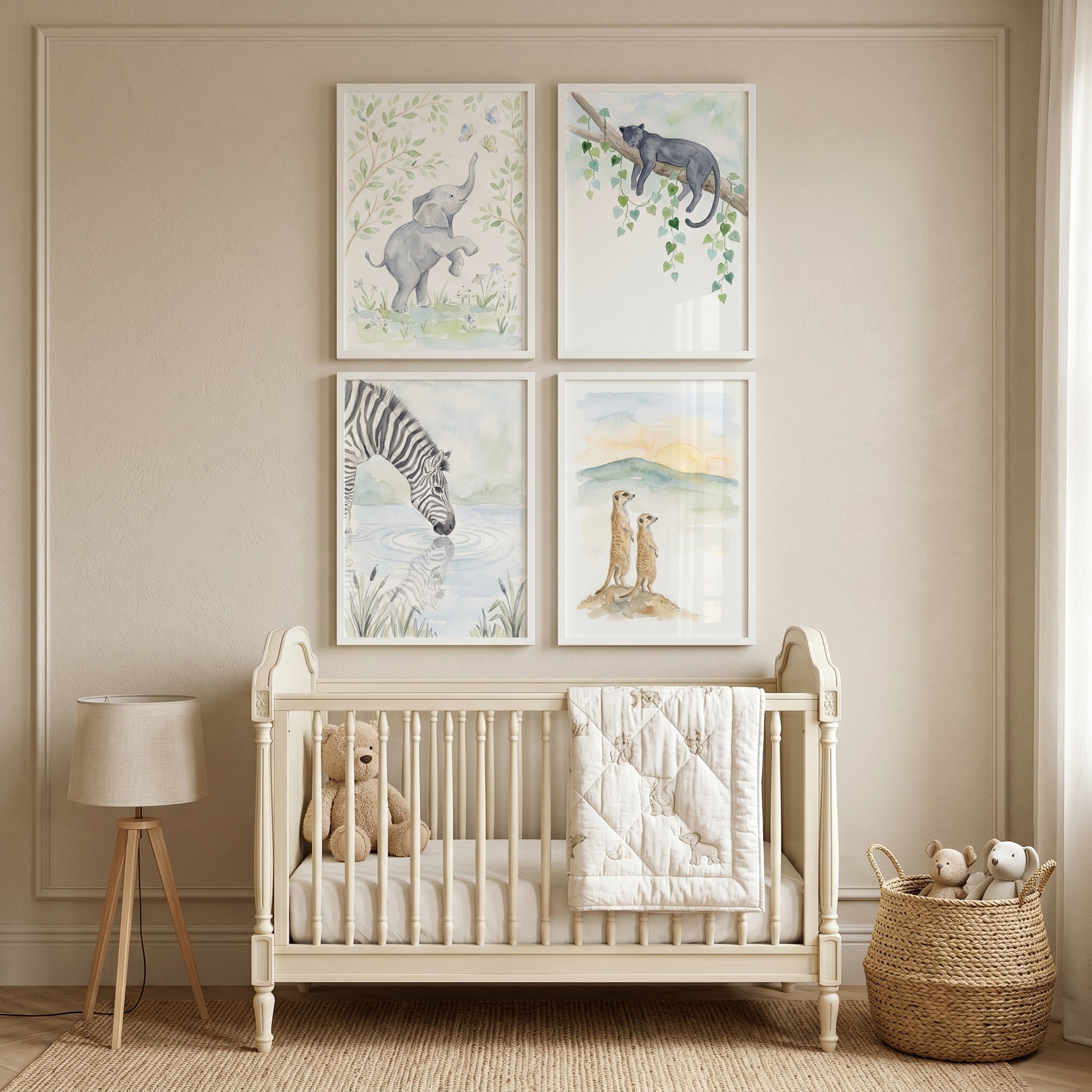 Muted Tone Safari Animal Artwork Set of 4 - Gentle Jungle Animals