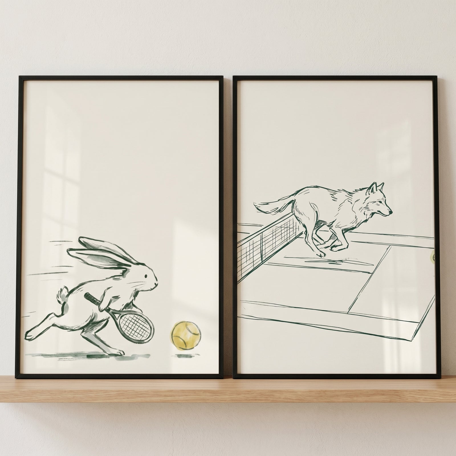 Muted tone tennis animals wall art set of 2 shows a rabbit chasing a ball and a wolf running across a court.