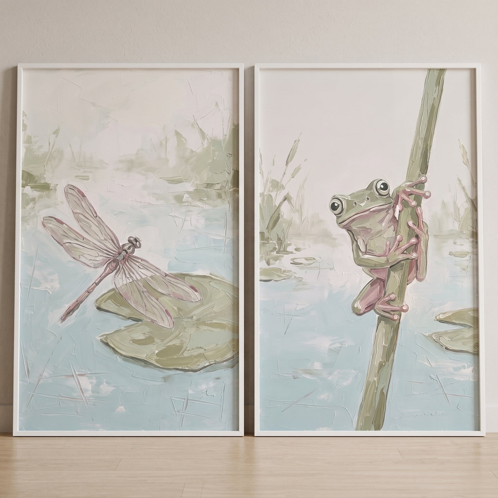 Muted tone wetland animals artwork set of 2 shows a pink dragonfly over a lily pad and a frog climbing a tall reed.