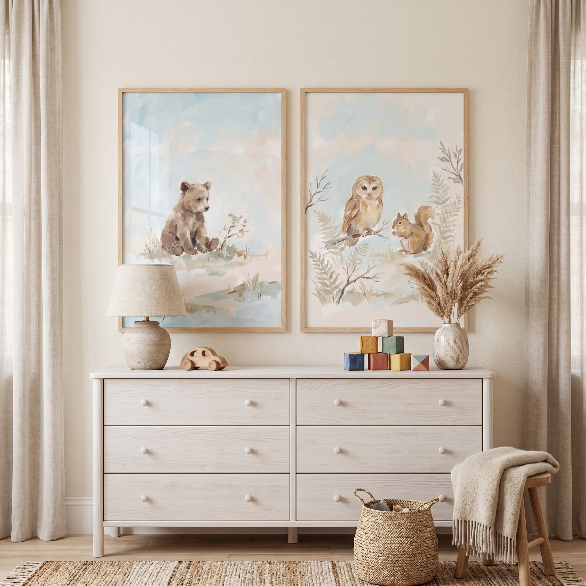 Muted Tone Woodland Animals Wall Art Set Of 2 - Soft Woodland Scenes