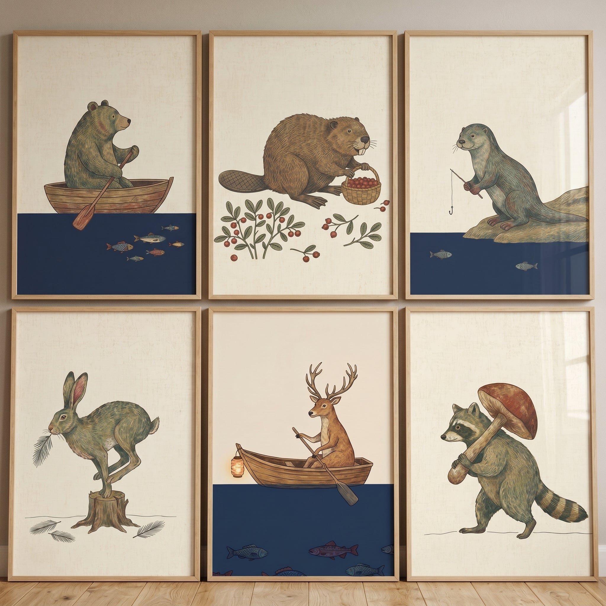Muted Tone Woodland Animals Wall Art Set of 6 - Woodland Tale Collection