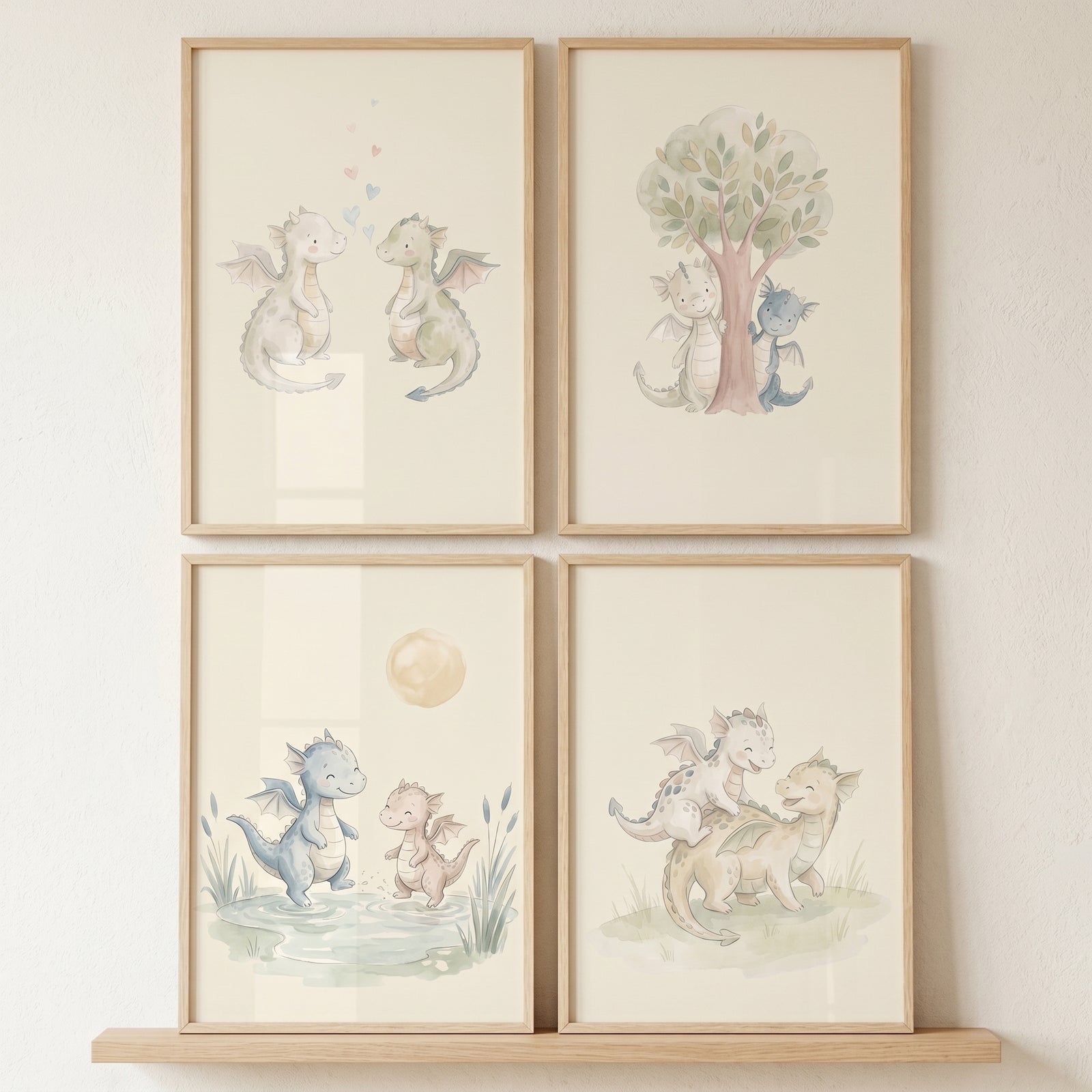 Muted tones baby dragons print set of 4, featuring whimsical pairs of dragons in outdoor scenes within light wood frames.