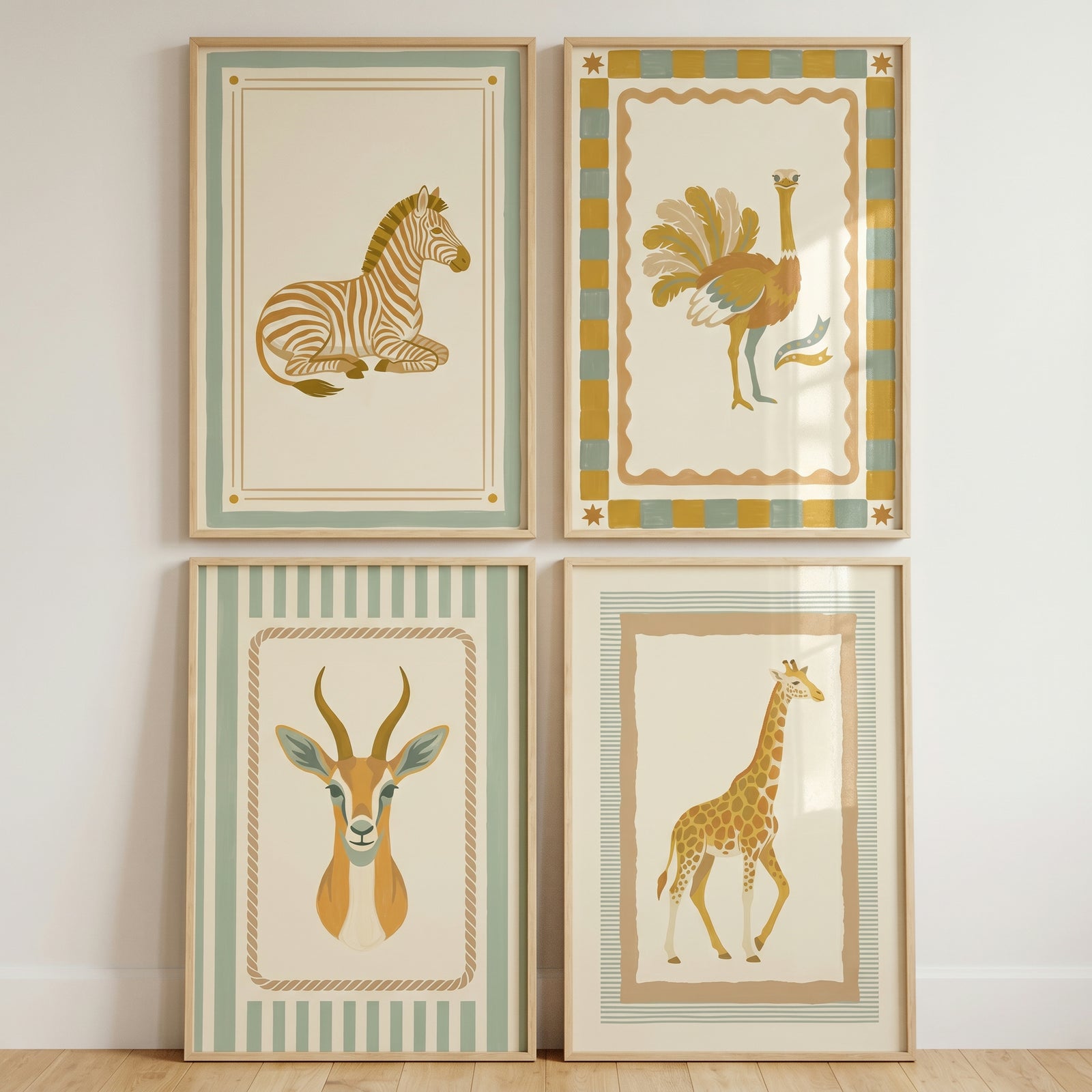 Muted tones safari animal wall art set of 4 featuring a zebra, ostrich, gazelle, and giraffe in light wood frames.