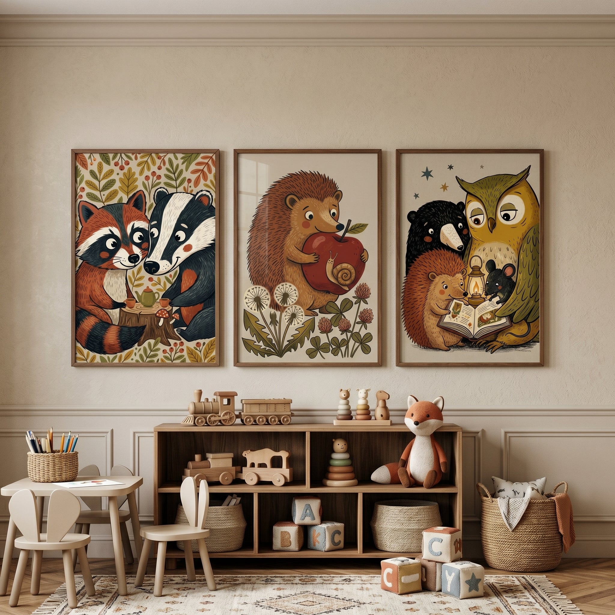 Muted Tones Woodland Animals Wall Art Set of 3 - Cozy Woodland Tales