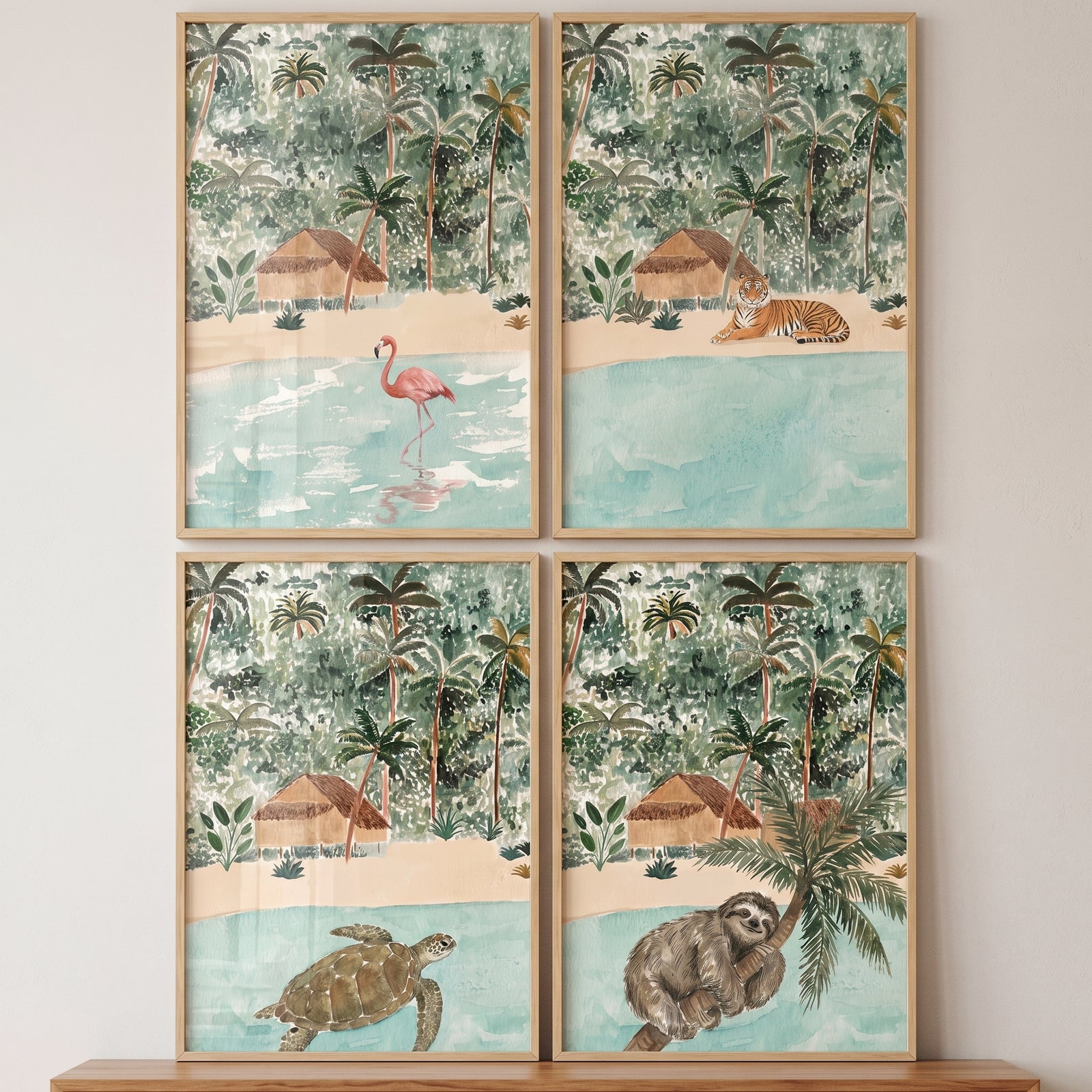 Muted tropical jungle animals wall art set of 4 featuring a flamingo, tiger, sea turtle, and sloth among palm trees.