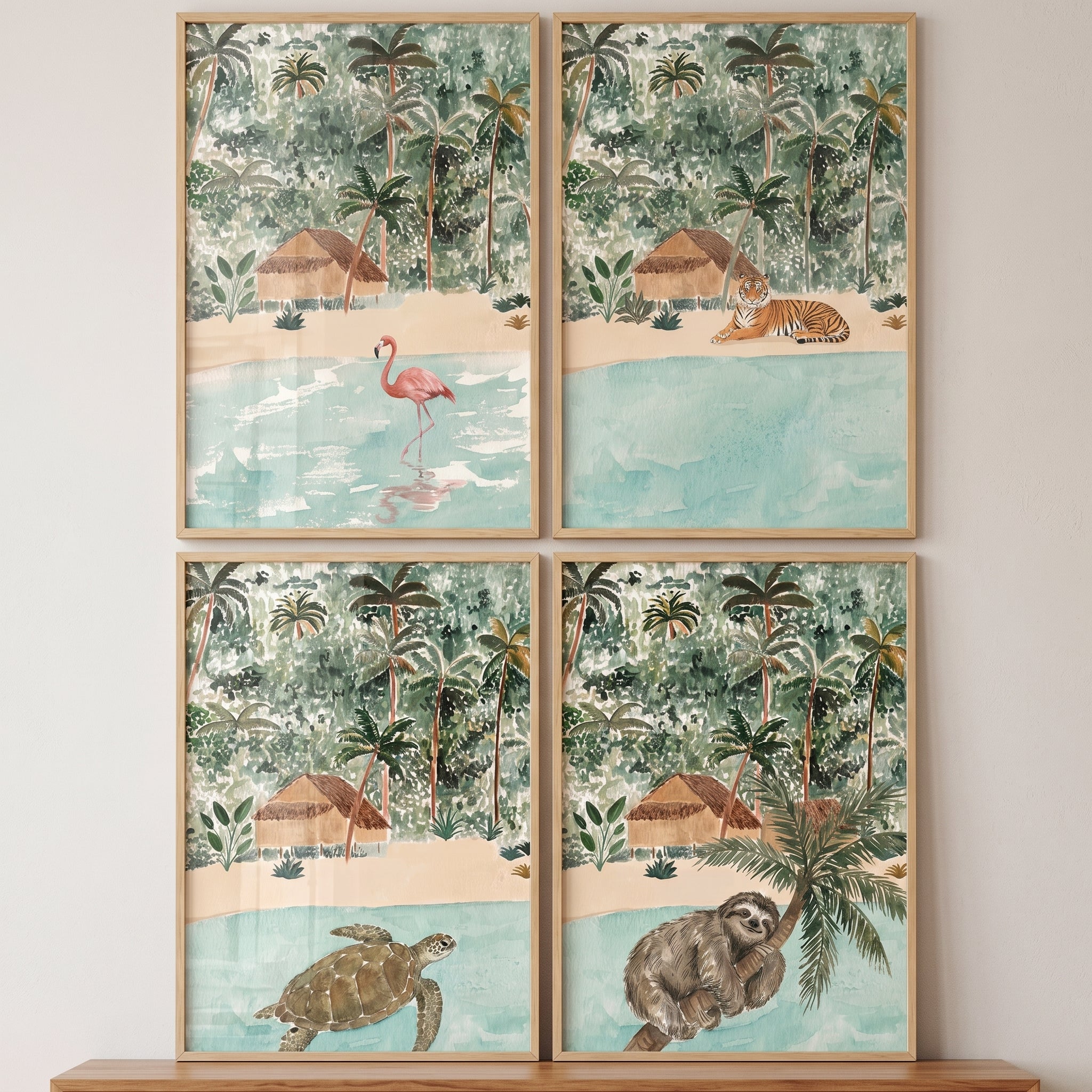 Muted Tropical Jungle Animals Wall Art Set of 4 - Tropical Animal Haven