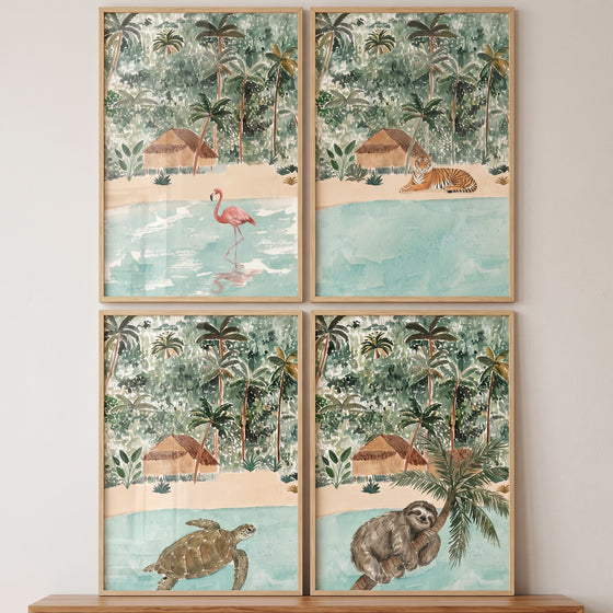 Muted tropical jungle animals wall art set of 4 featuring a flamingo, tiger, sea turtle, and sloth among palm trees.