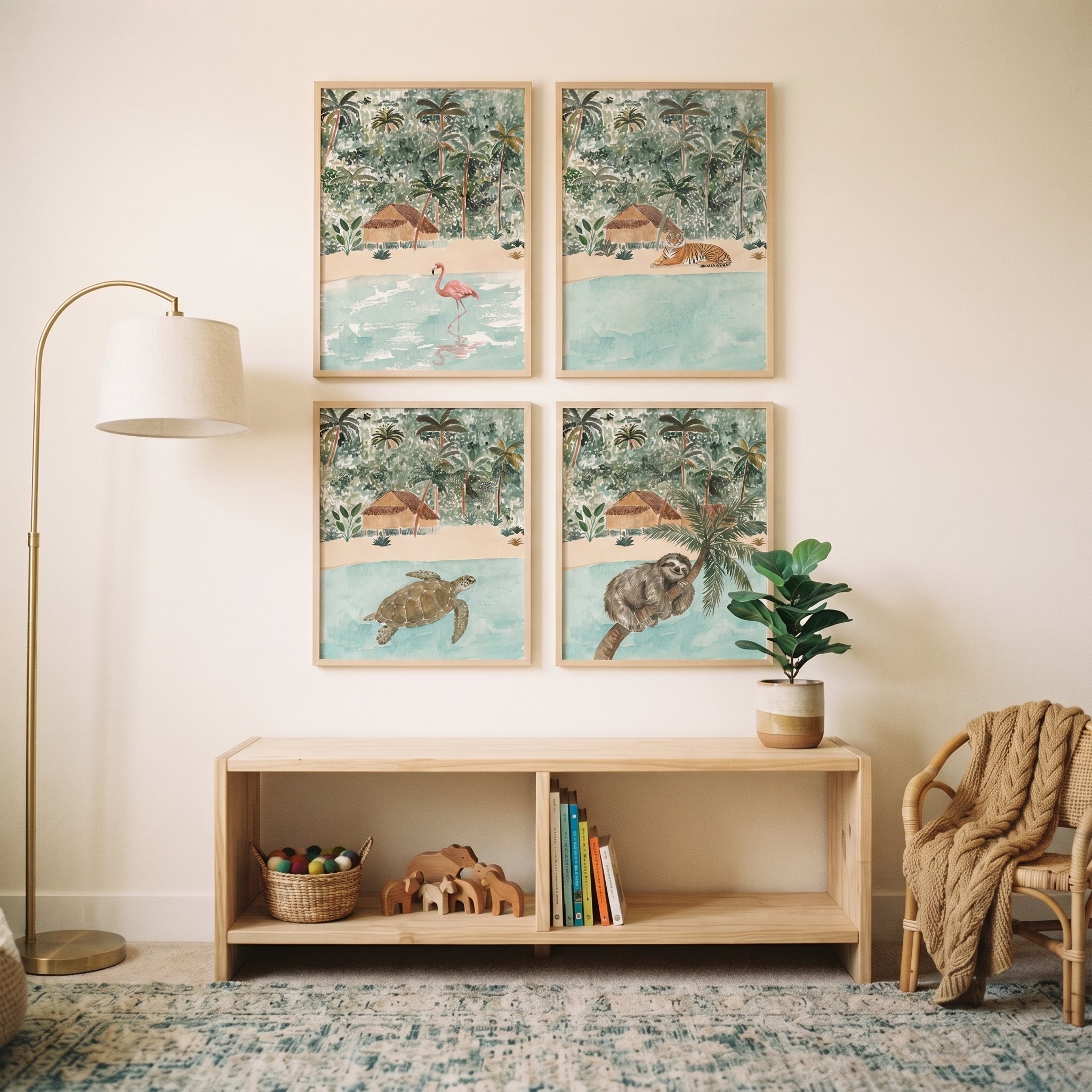 Muted Tropical Jungle Animals Wall Art Set of 4 - Tropical Animal Haven