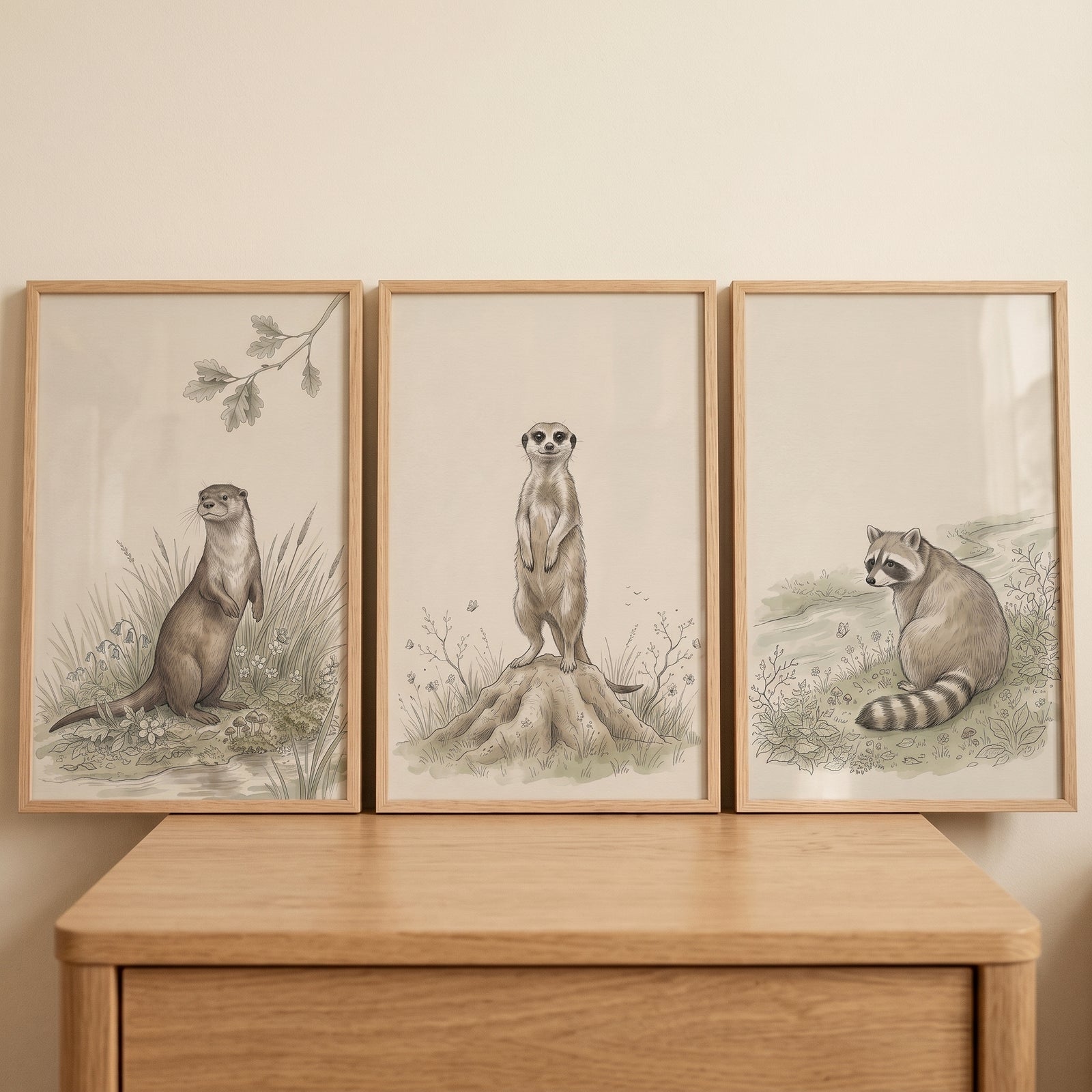 Muted vintage nature animal wall art set of 3 featuring an otter, meerkat, and raccoon on a light wood dresser.