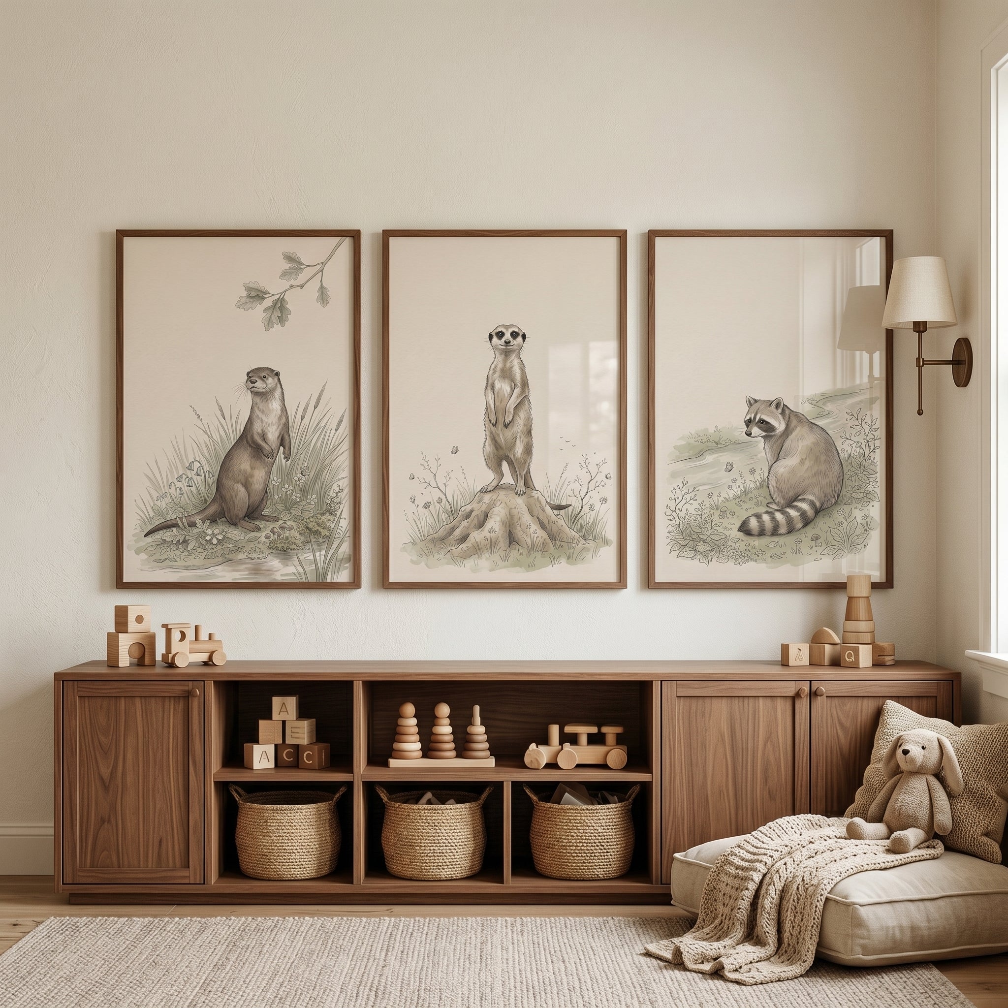 Muted Vintage Nature Animal Wall Art Set of 3 - Curious Creature Sketches