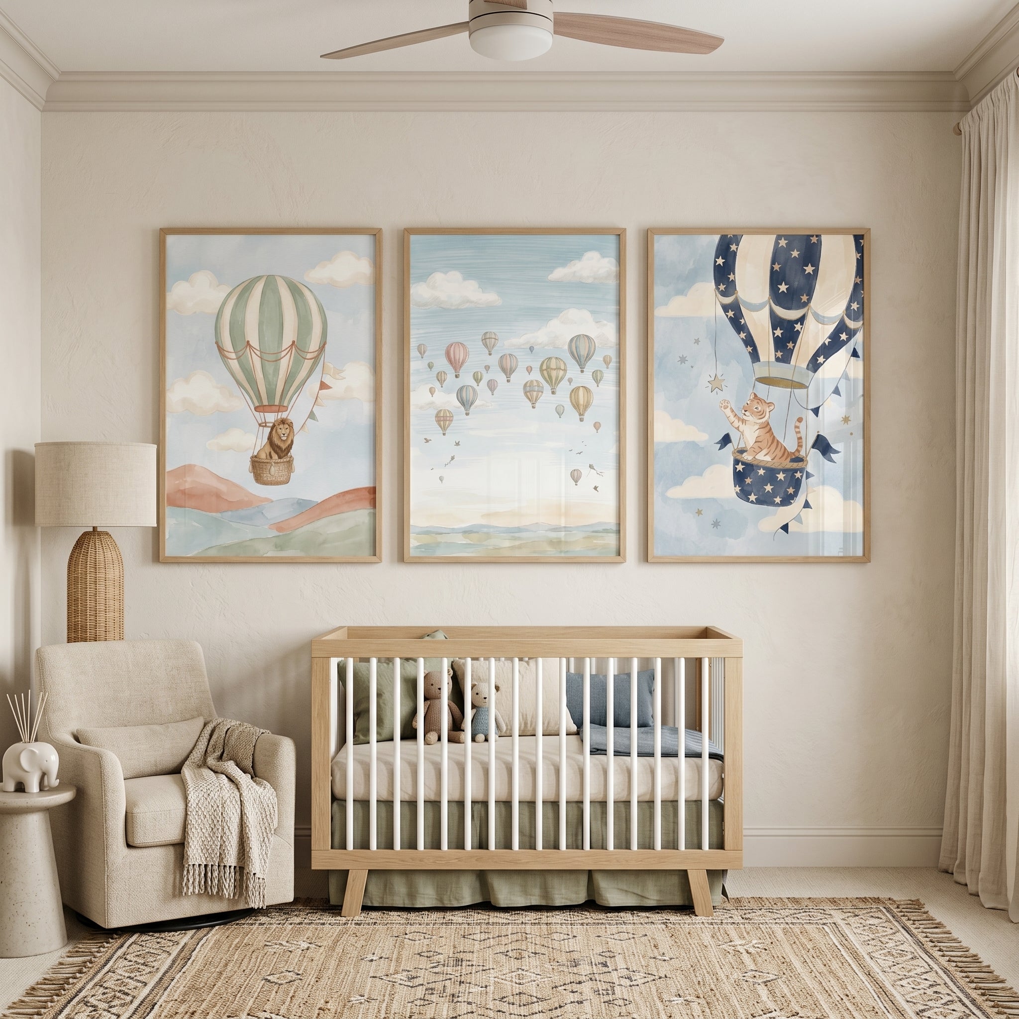 Muted Watercolor Air Balloon Wall Art Set of 3 - Safari Sky Journey