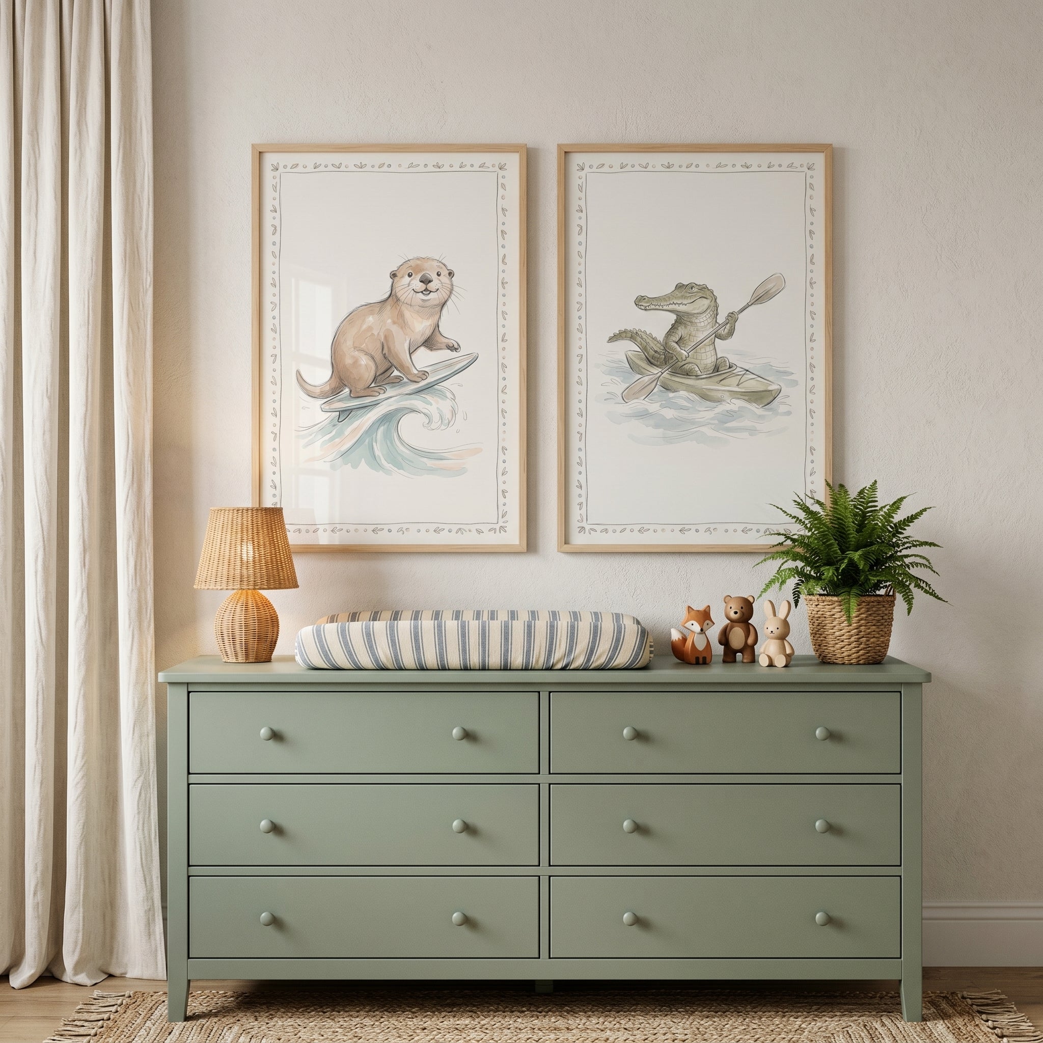 Muted Watercolor Aquatic Animals Wall Art Set of 2 - Whimsical Water Friends