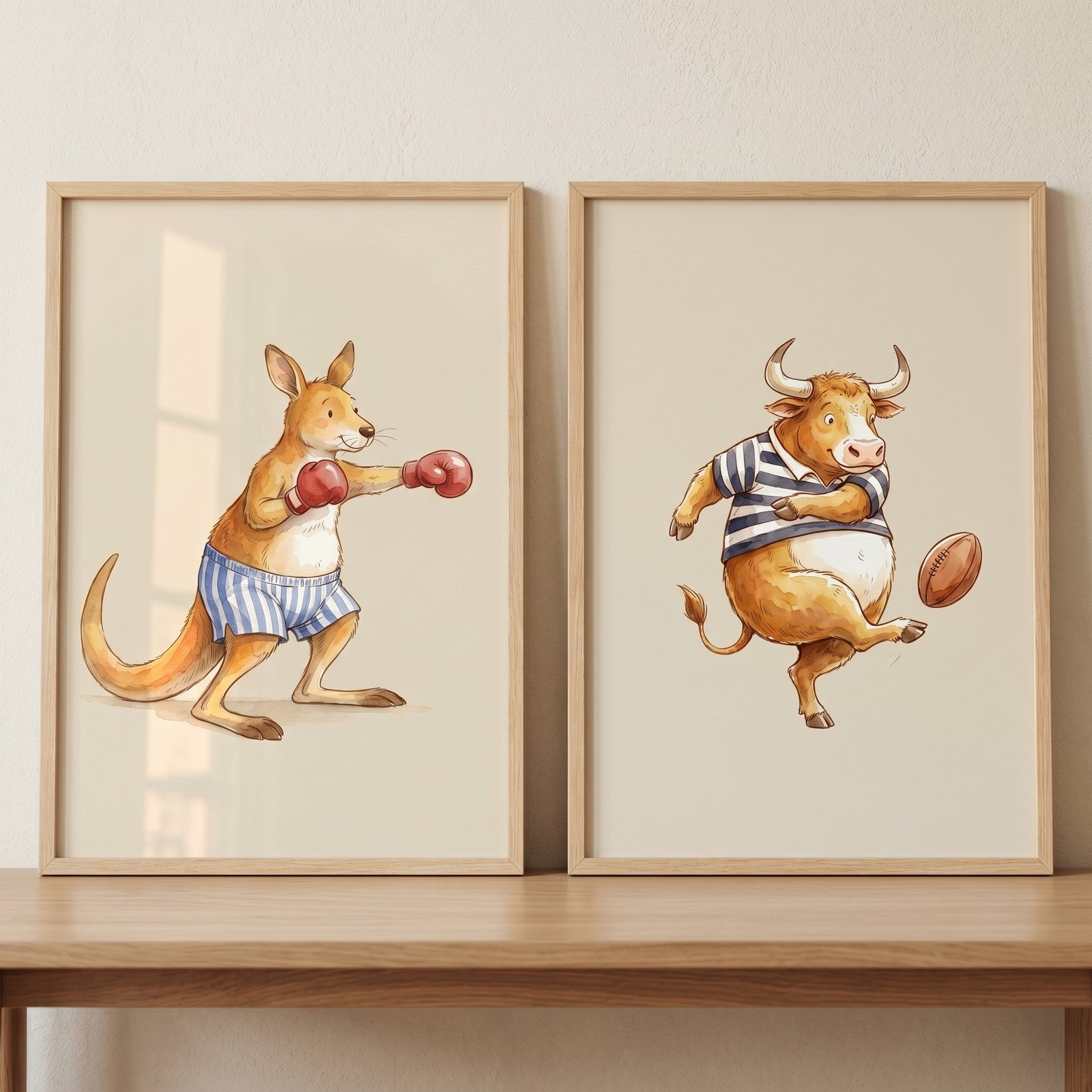 Muted watercolor athletic animal wall art set of 2 featuring a boxing kangaroo and a bull kicking a football.