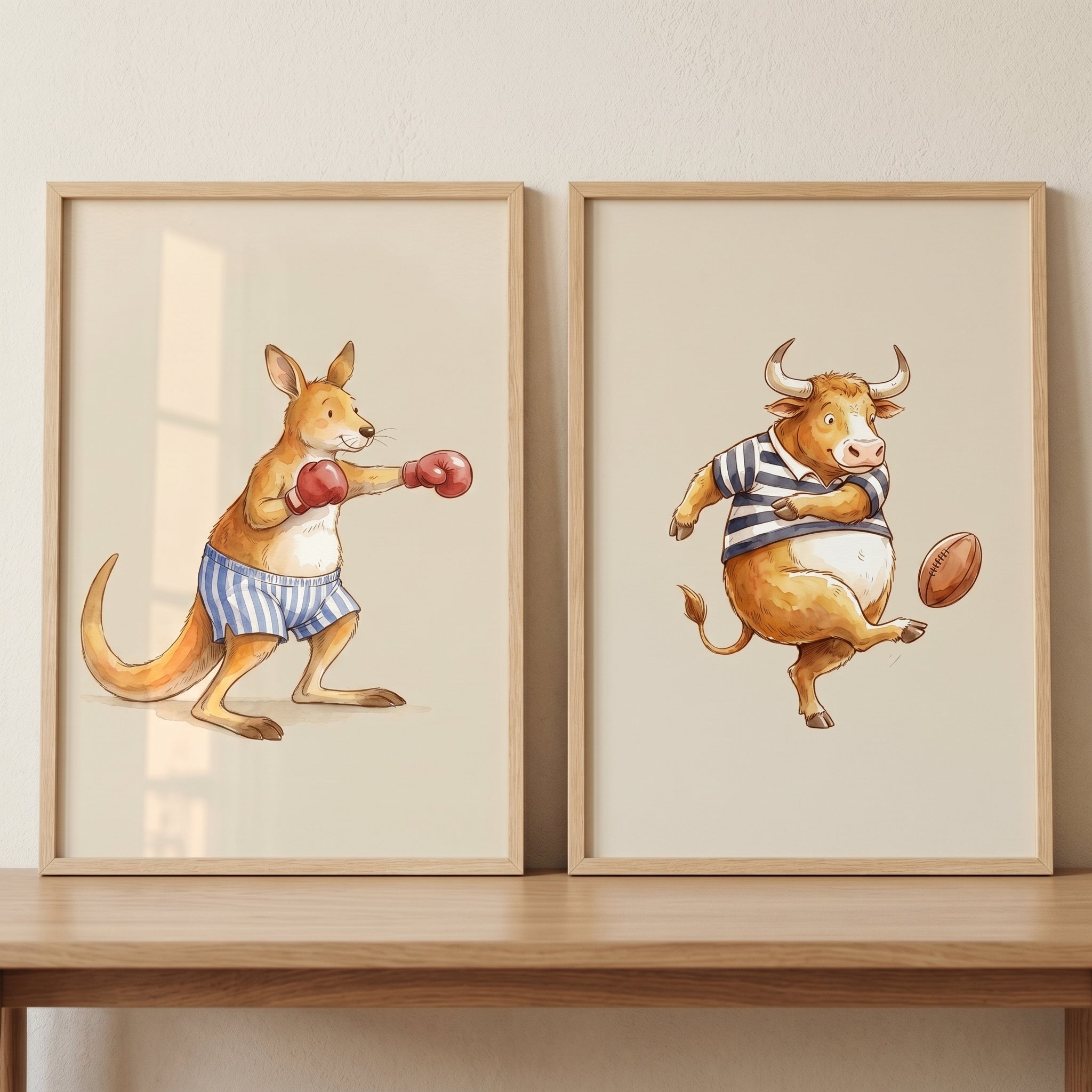 Muted Watercolor Athletic Animal Wall Art Set of 2 - Whimsical Sports Critters