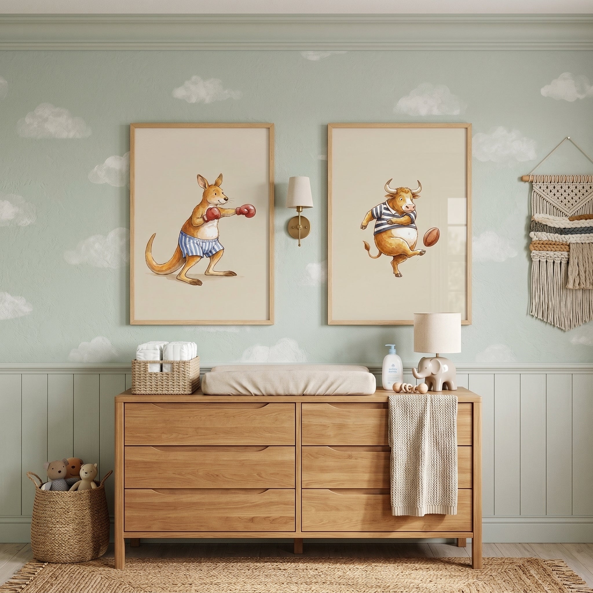 Muted Watercolor Athletic Animal Wall Art Set of 2 - Whimsical Sports Critters