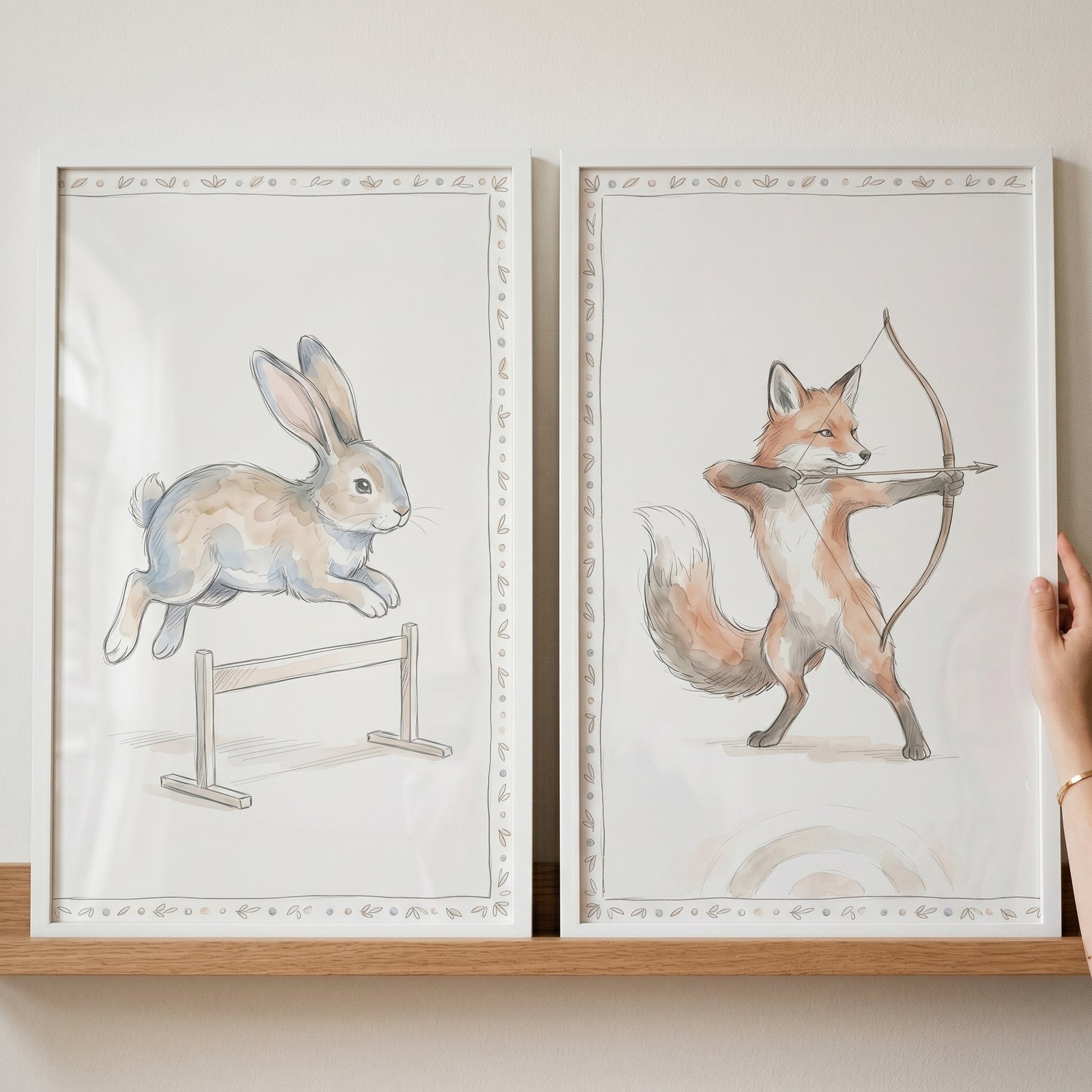 Muted watercolor athletic animals artwork set of 2 with a rabbit jumping a hurdle and a fox with a bow and arrow.