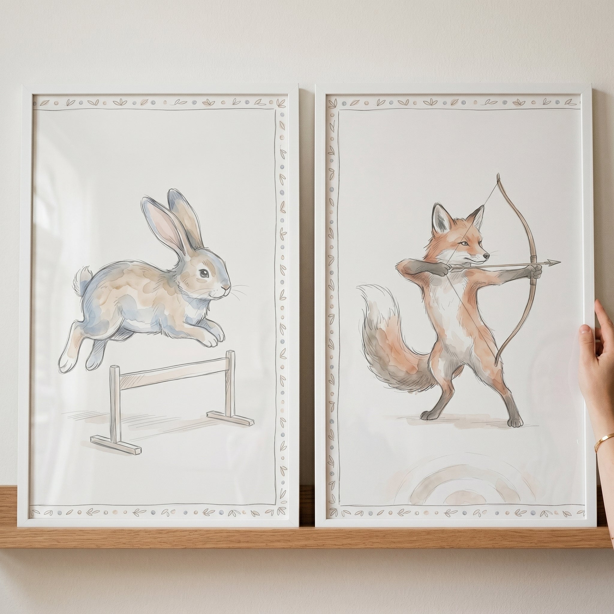 Muted Watercolor Athletic Animals Artwork Set of 2 - Woodland Sports Duo