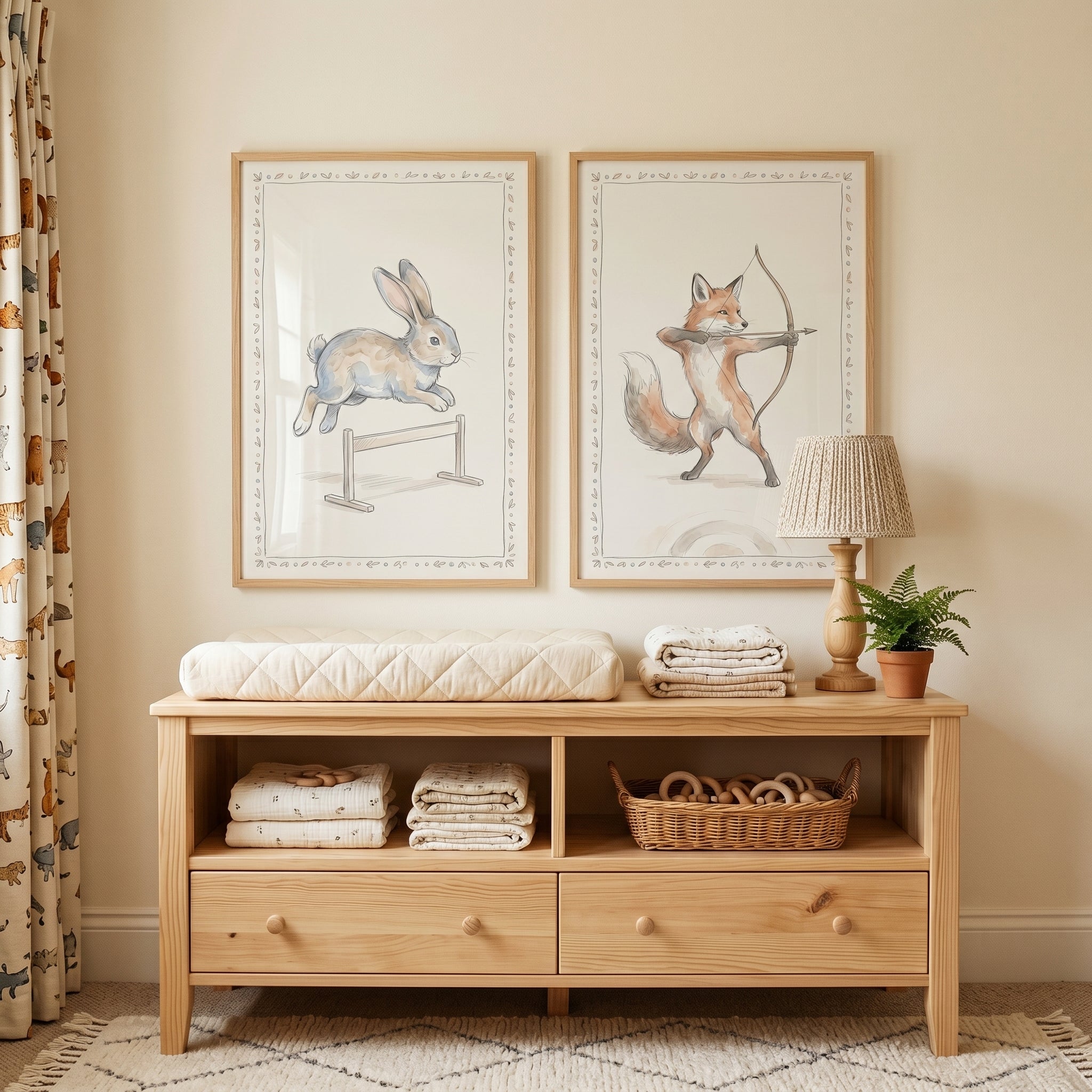 Muted Watercolor Athletic Animals Artwork Set of 2 - Woodland Sports Duo