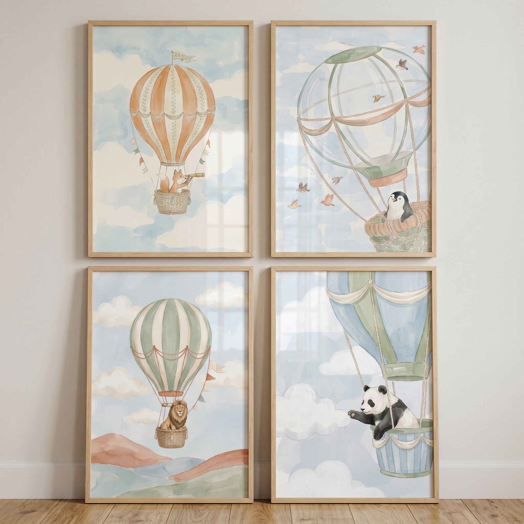 Muted Watercolor Balloon Animals Wall Art Set of 4 - Nursery Balloon Adventure